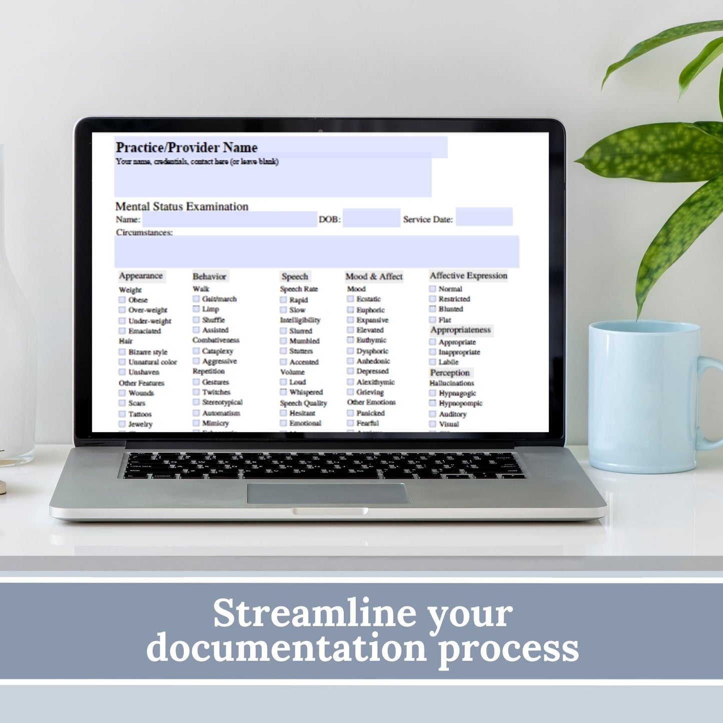 Mental Status Exam therapy notes fillable PDF template. Effortlessly streamline client onboarding with the therapy template. Tailored for therapists, school psychology and counselors