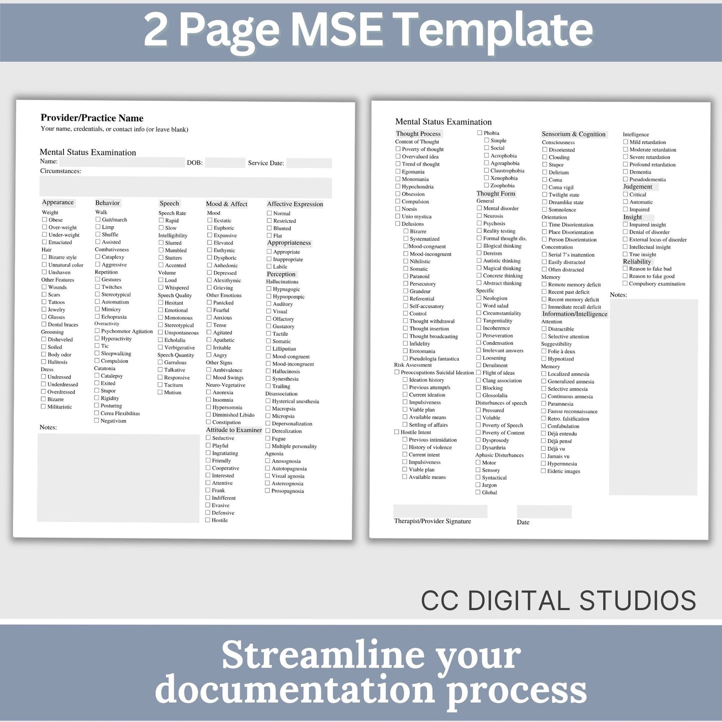 Mental Status Exam therapy notes fillable PDF template. Effortlessly streamline client onboarding with the therapy template. Tailored for therapists, school psychology and counselors