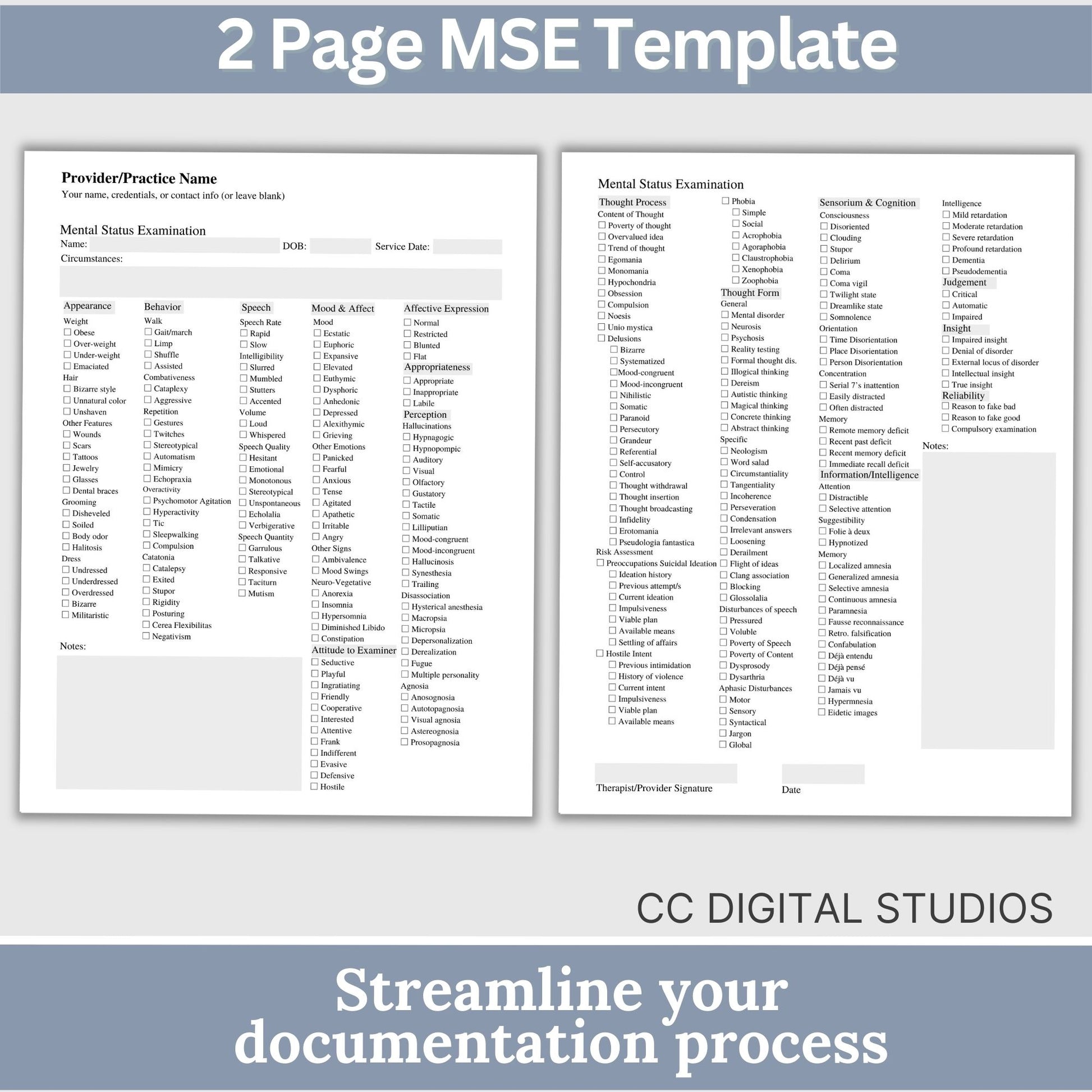 Mental Status Exam therapy notes fillable PDF template. Effortlessly streamline client onboarding with the therapy template. Tailored for therapists, school psychology and counselors