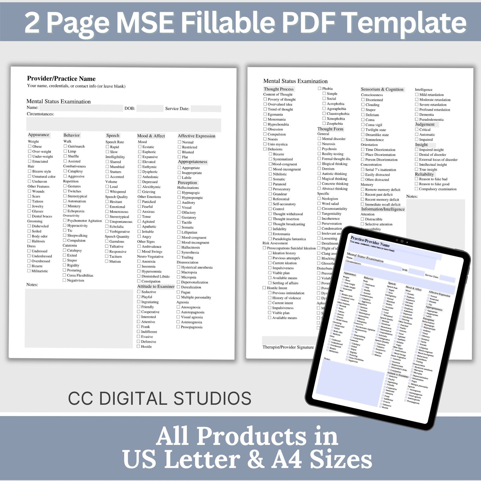 2 Mental Status Exam therapy notes fillable PDF templates. Effortlessly streamline client onboarding with these therapy templates. 2 MSE cheat sheets for psychologists, counselors, therapist office, social workers