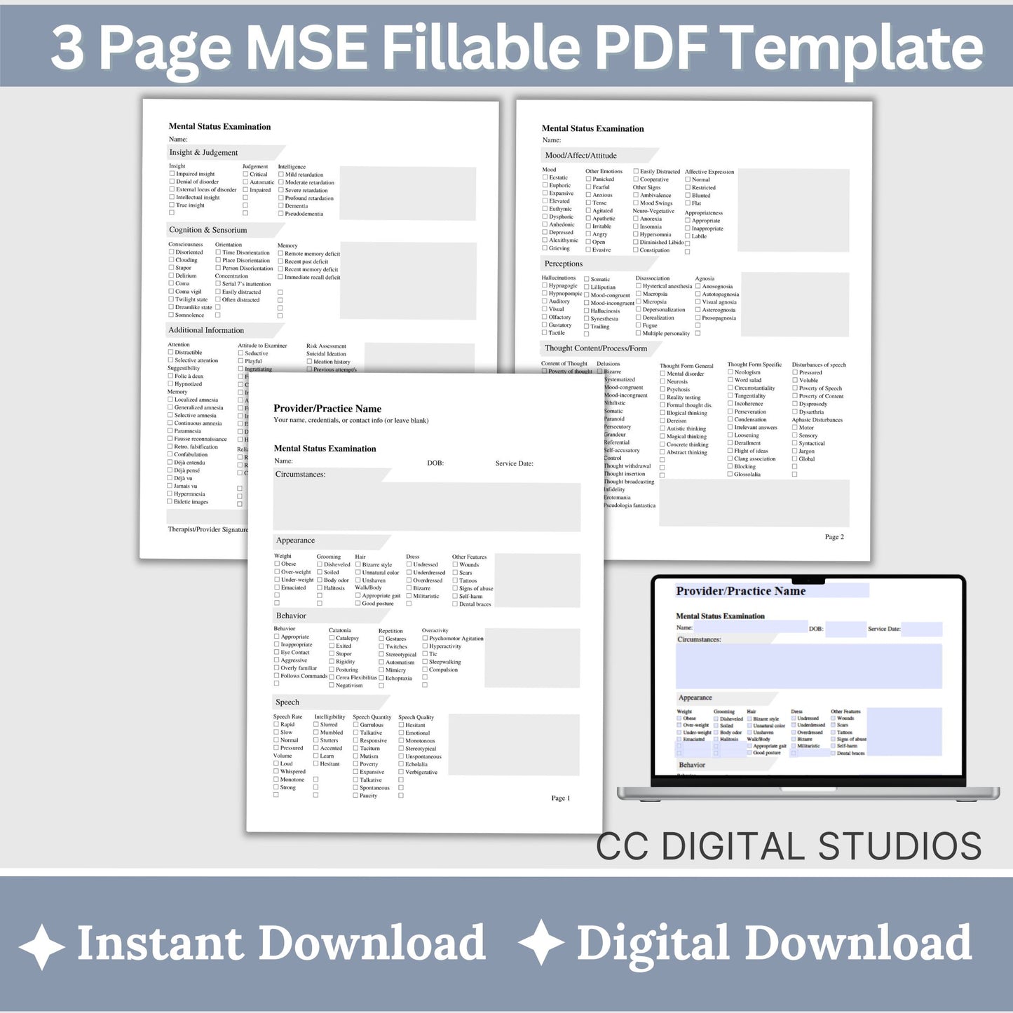 2 Mental Status Exam therapy notes fillable PDF templates. Effortlessly streamline client onboarding with these therapy templates. 2 MSE cheat sheets for psychologists, counselors, therapist office, social workers