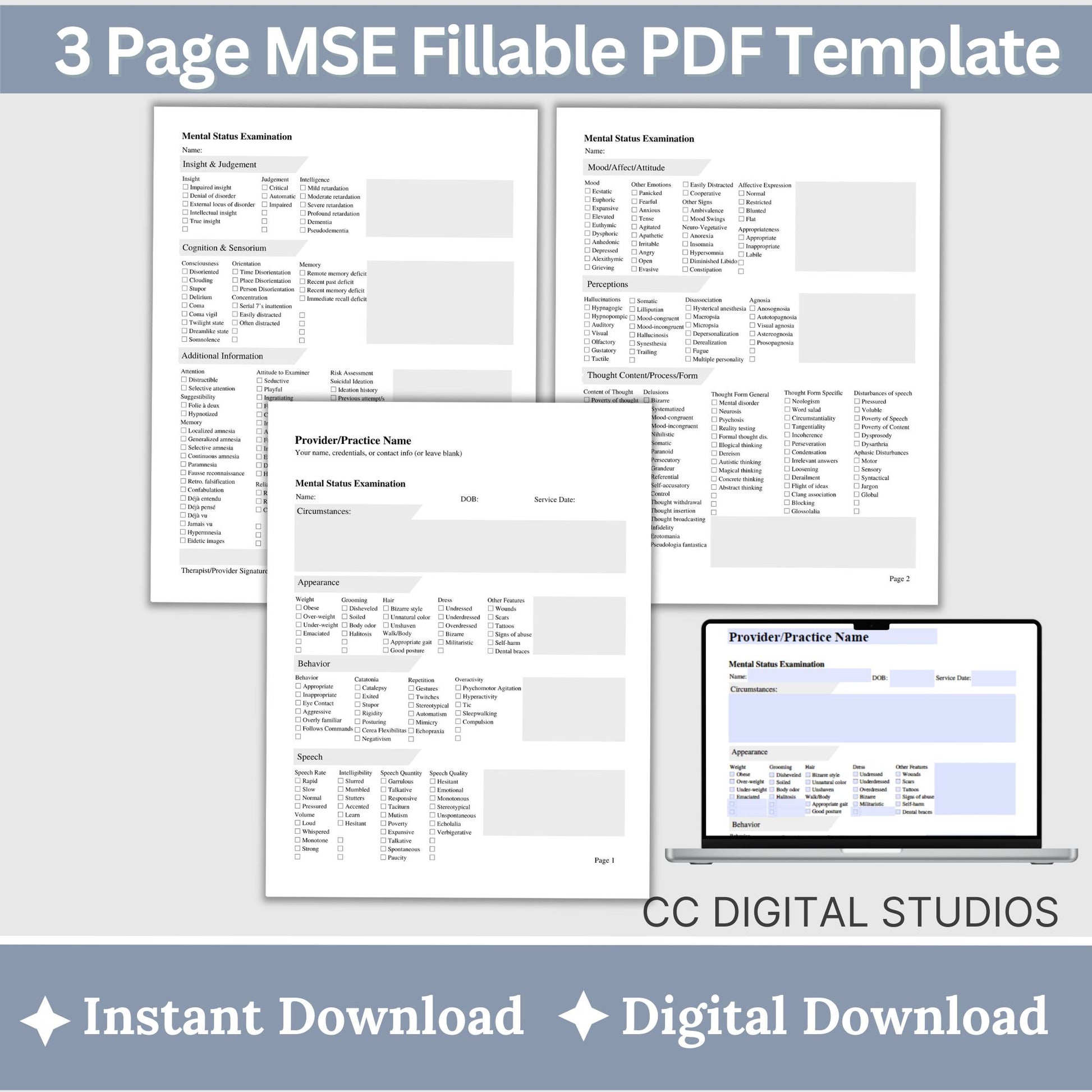 2 Mental Status Exam therapy notes fillable PDF templates. Effortlessly streamline client onboarding with these therapy templates. 2 MSE cheat sheets for psychologists, counselors, therapist office, social workers