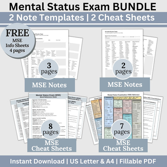 2 Mental Status Exam therapy notes fillable PDF templates. Effortlessly streamline client onboarding with these therapy templates. 2 MSE cheat sheets for psychologists, counselors, therapist office, social workers
