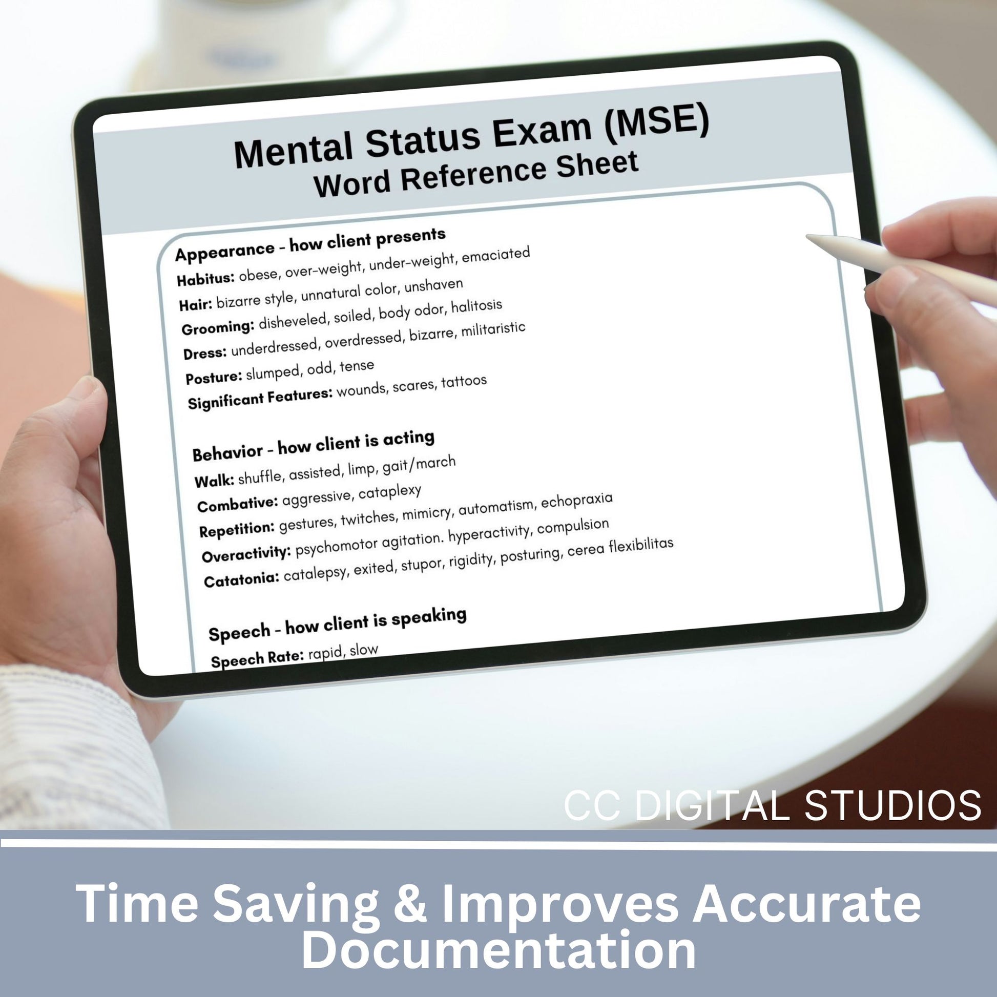 Mental Status Exam (MSE) cheat sheet for therapists, social workers and school counselors. This MSE cheat sheet makes your documentation process easy! Therapy tools for psychology verbiage and definitions.