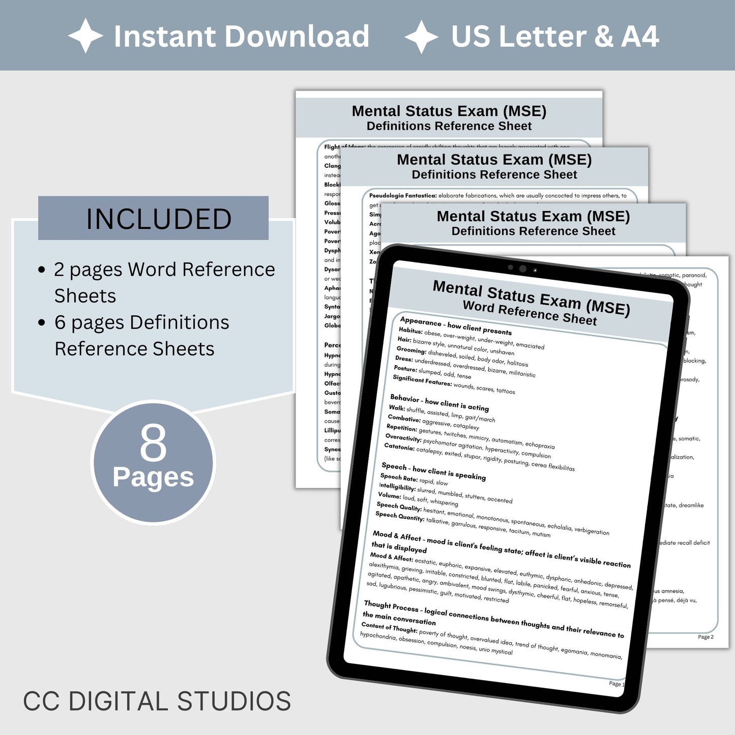 Mental Status Exam (MSE) cheat sheet for therapists, social workers and school counselors. This MSE cheat sheet makes your documentation process easy! Therapy tools for psychology verbiage and definitions.