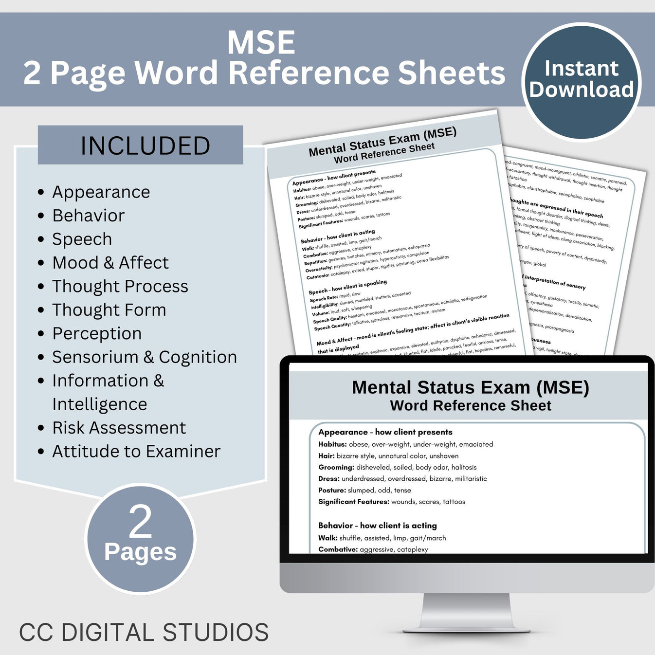 Mental Status Exam (MSE) Quick Reference Cheat Sheet for Therapists an ...