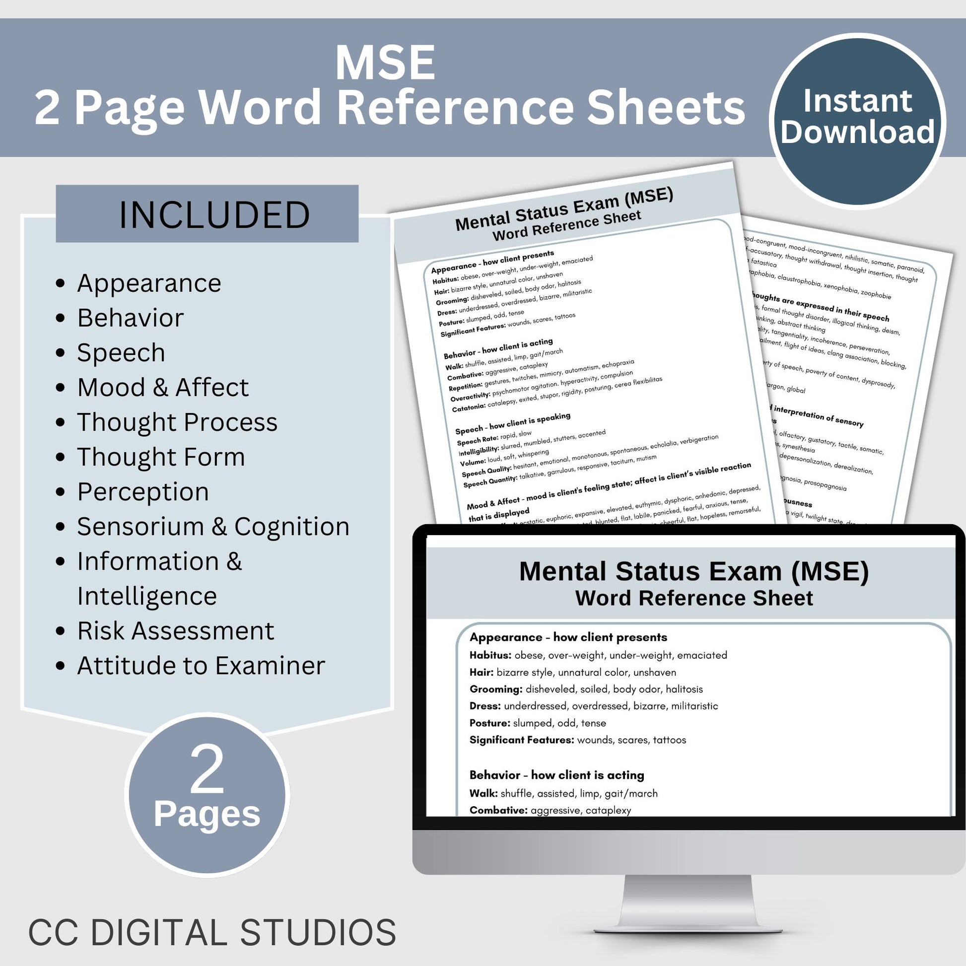 Mental Status Exam (MSE) cheat sheet for therapists, social workers and school counselors. This MSE cheat sheet makes your documentation process easy! Therapy tools for psychology verbiage and definitions.