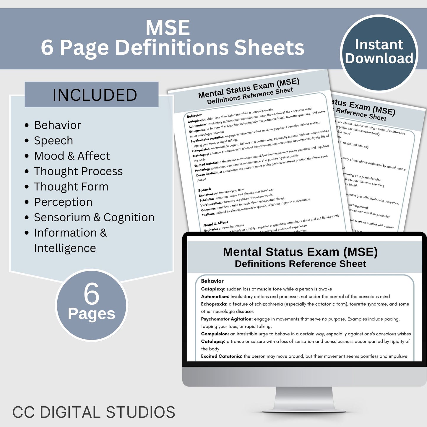 Mental Status Exam (MSE) cheat sheet for therapists, social workers and school counselors. This MSE cheat sheet makes your documentation process easy! Therapy tools for psychology verbiage and definitions.