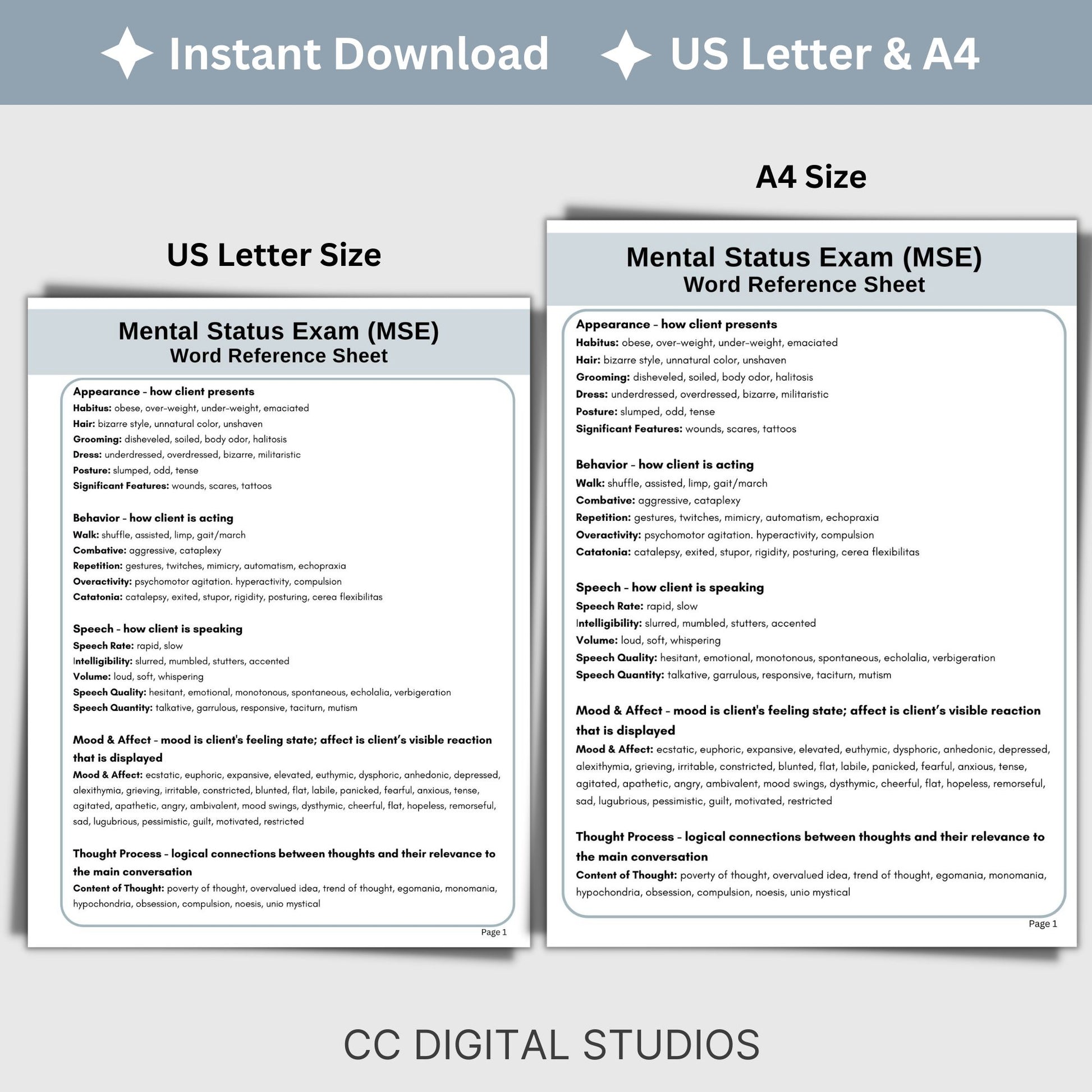 Mental Status Exam (MSE) cheat sheet for therapists, social workers and school counselors. This MSE cheat sheet makes your documentation process easy! Therapy tools for psychology verbiage and definitions.