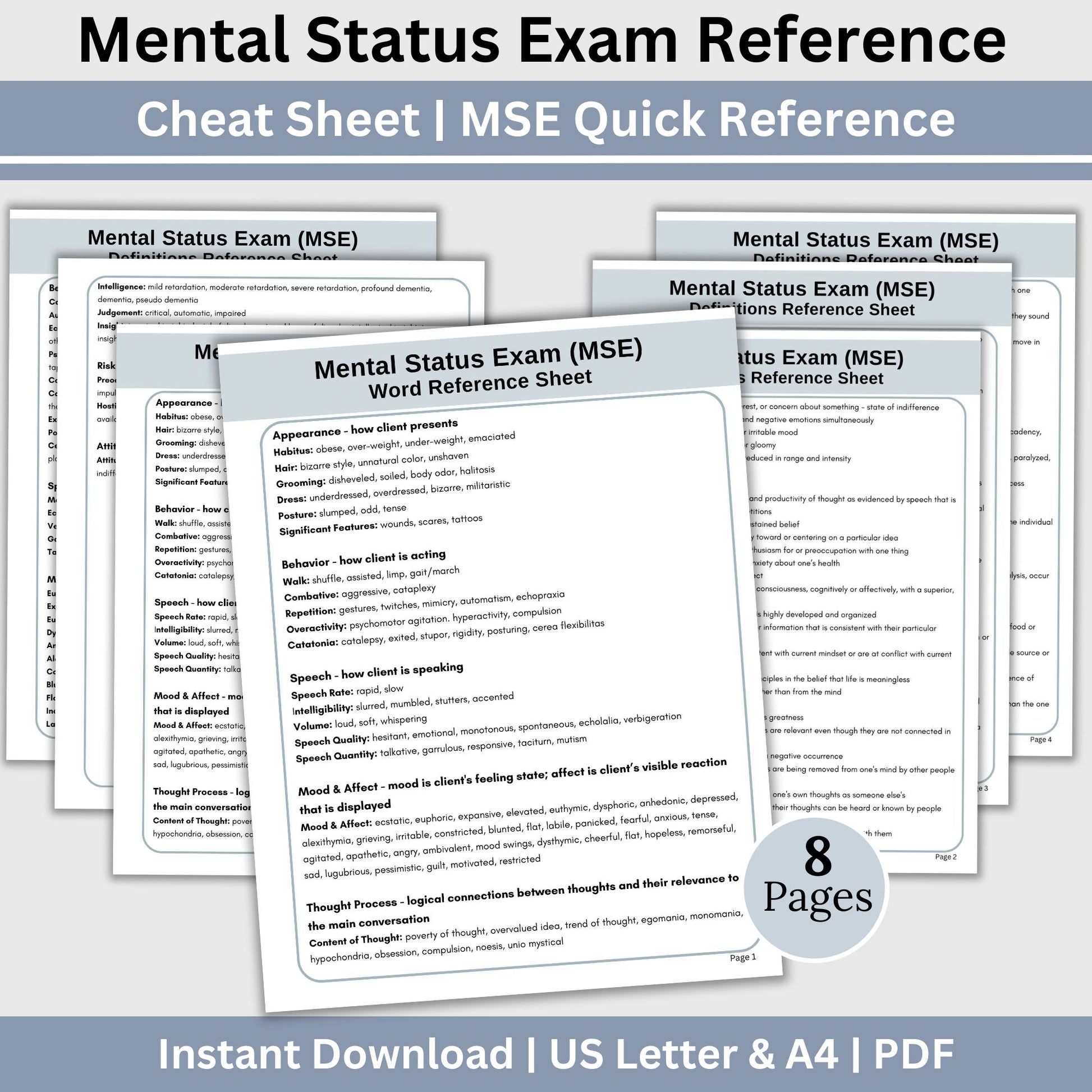 Mental Status Exam (MSE) cheat sheet for therapists, social workers and school counselors. This MSE cheat sheet makes your documentation process easy! Therapy tools for psychology verbiage and definitions.