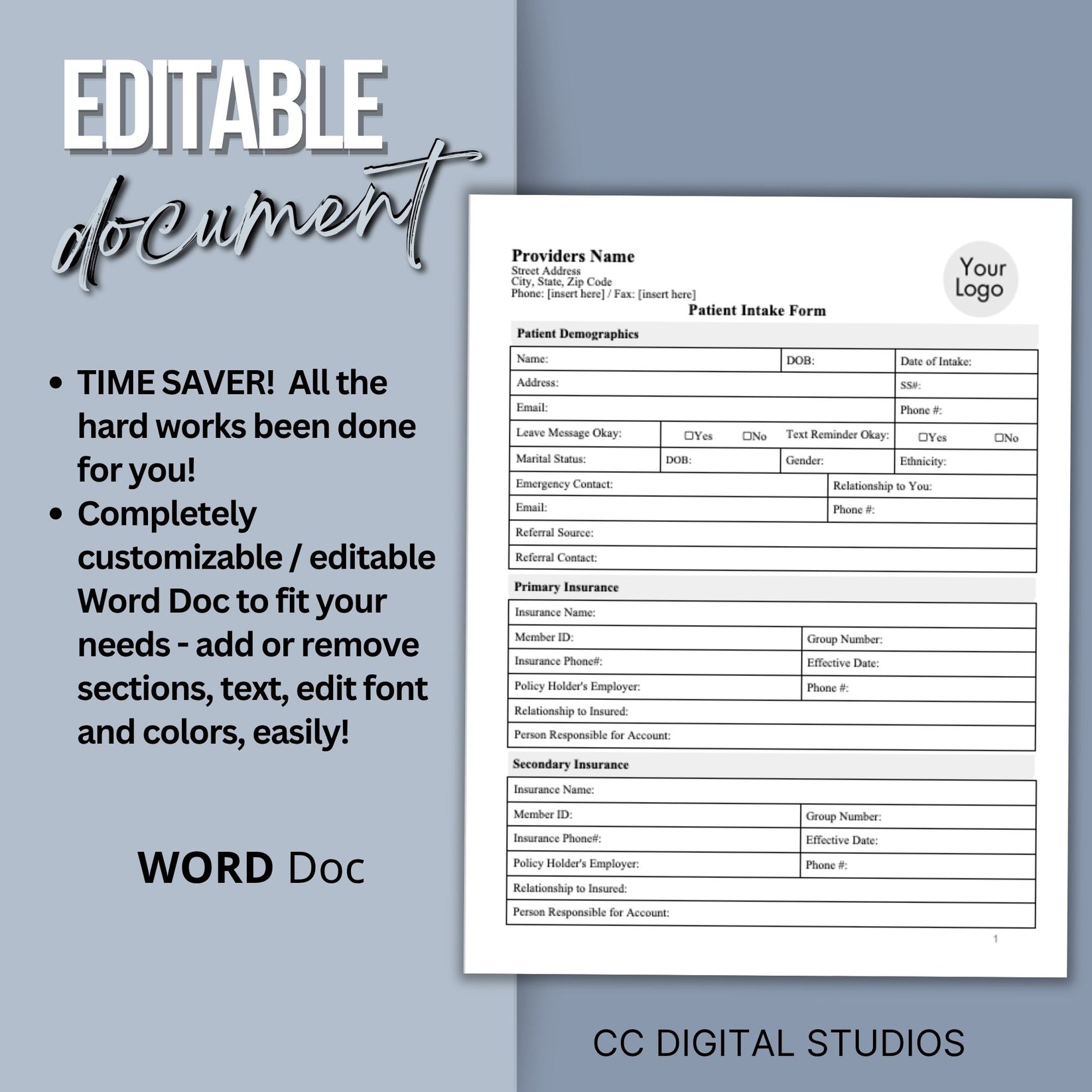 Medical Patient Intake Form - WORD Doc – CCDigitalStudios