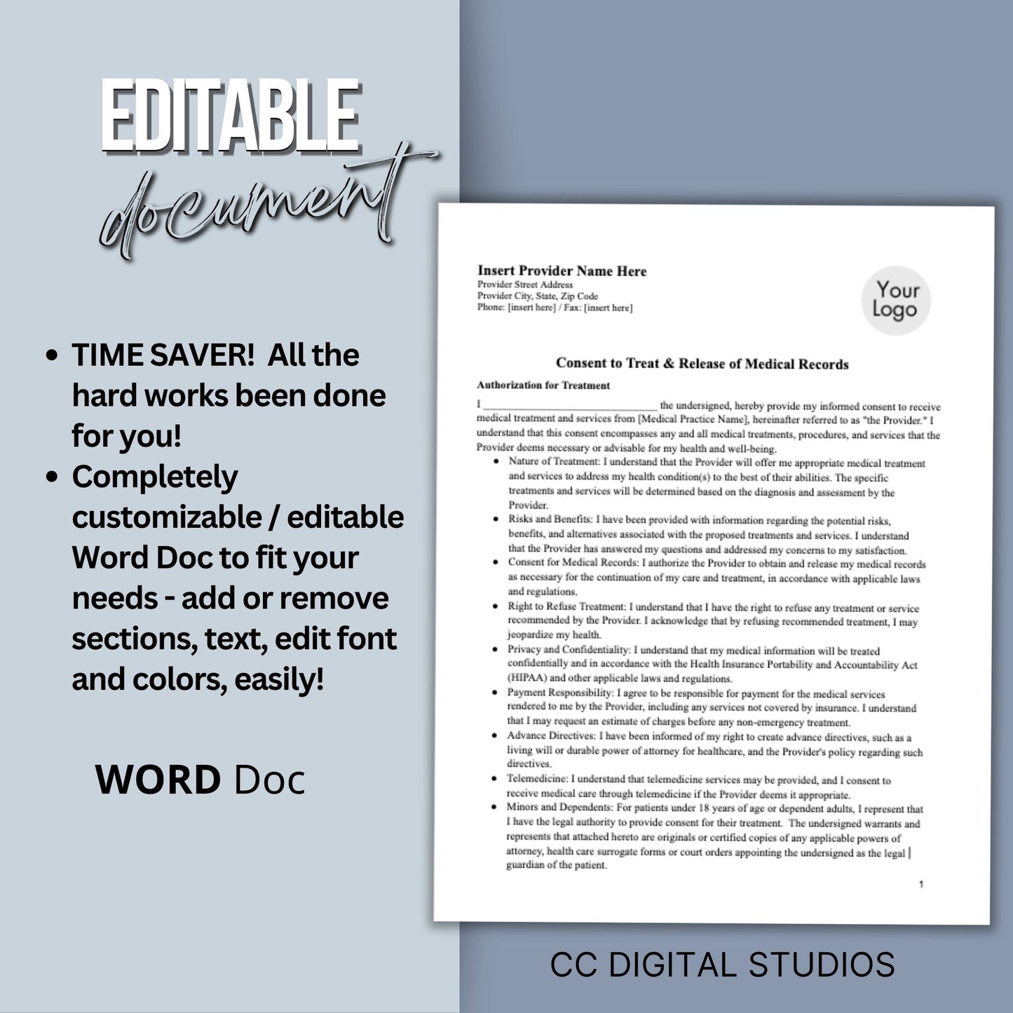 Medical Office Policy Consents Legal Forms - WORD DOC