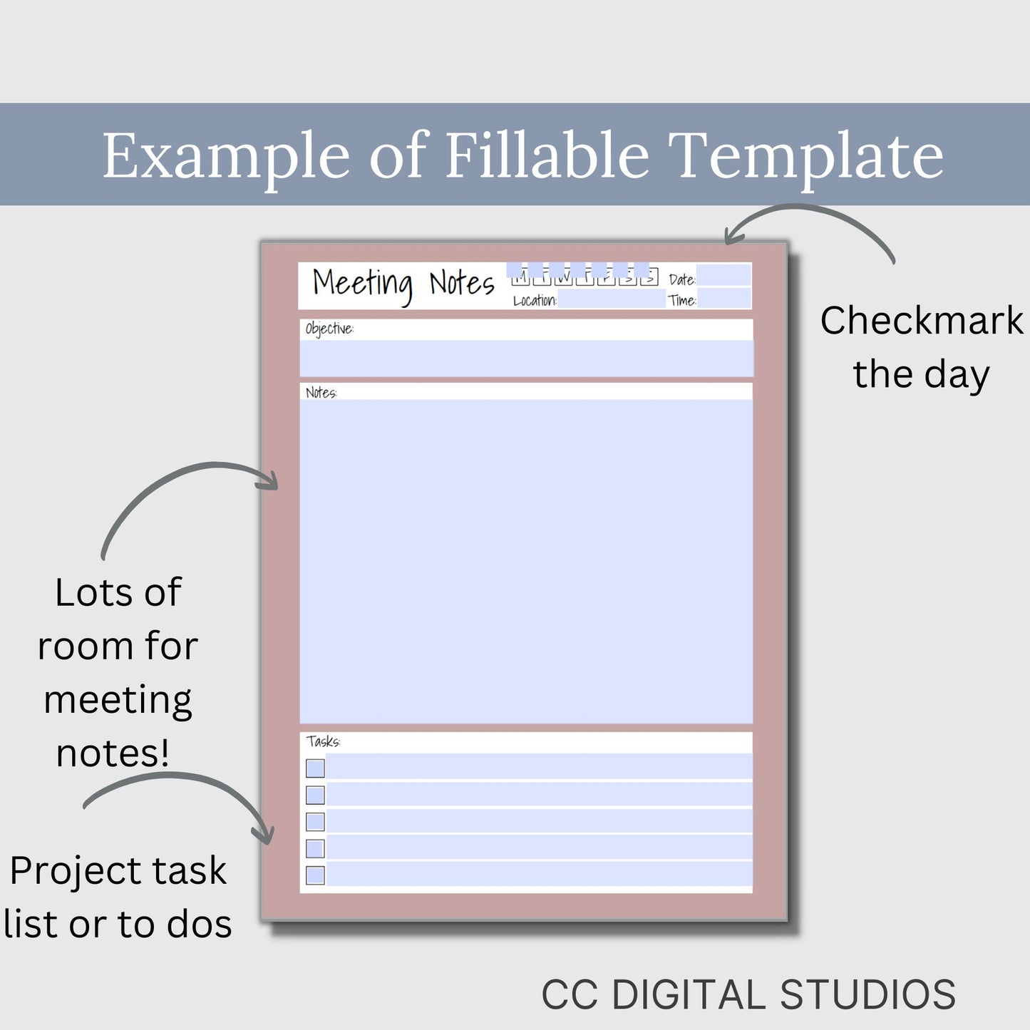 Looking for a smart way to keep record of your meetings? Record your meeting minutes and track to do's, agenda, action steps, and notes. Feel prepared for your next meeting. 