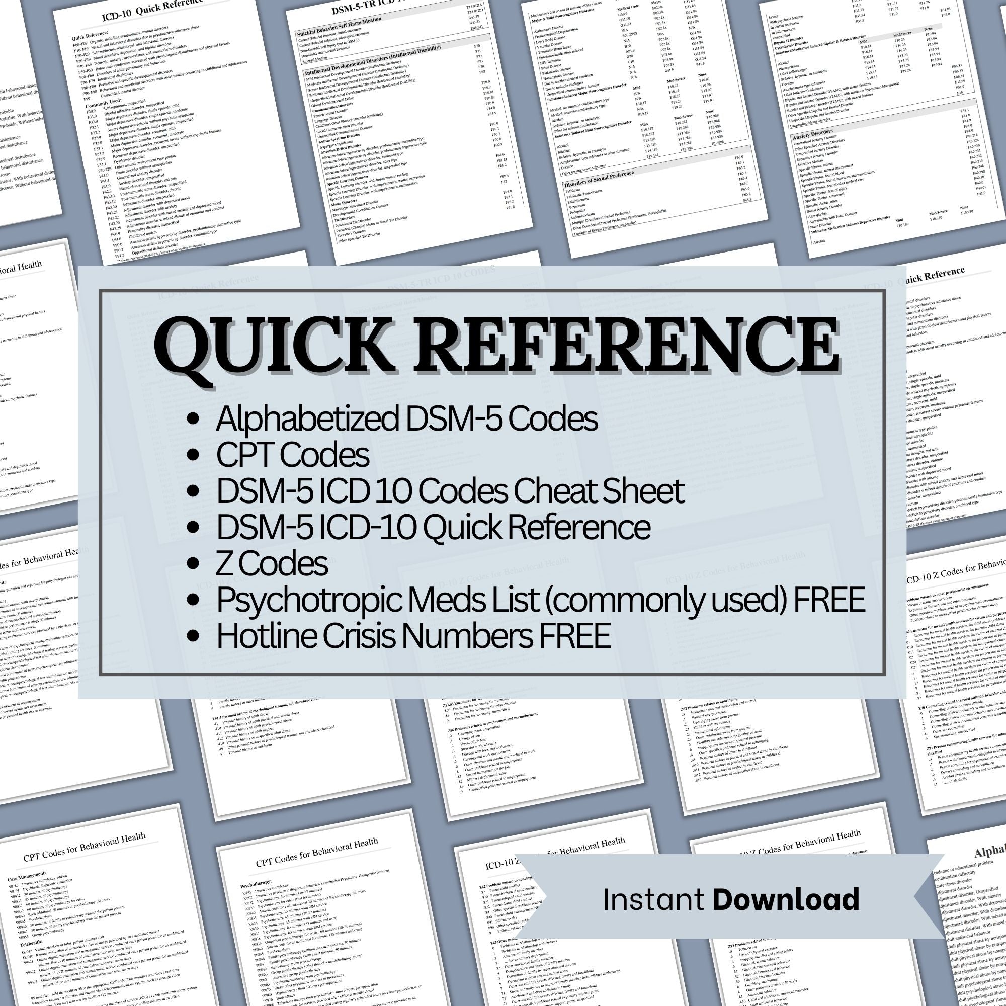 Mental Health Code Reference Sheets: ICD-10, DSM-5, CPT, Z Codes ...