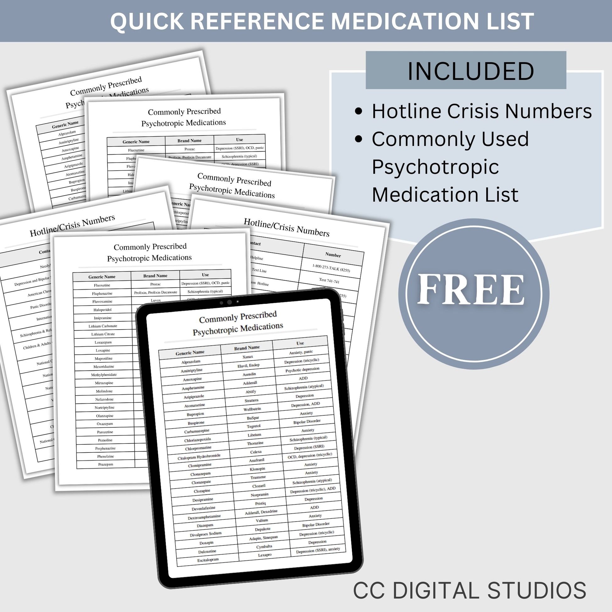 56 pages of mental health code reference sheets for common behavioral health material; ICD-10 Codes, DSM-5 Codes, CPT Codes, and Z codes. FREE commonly used medication lists and hotline numbers.