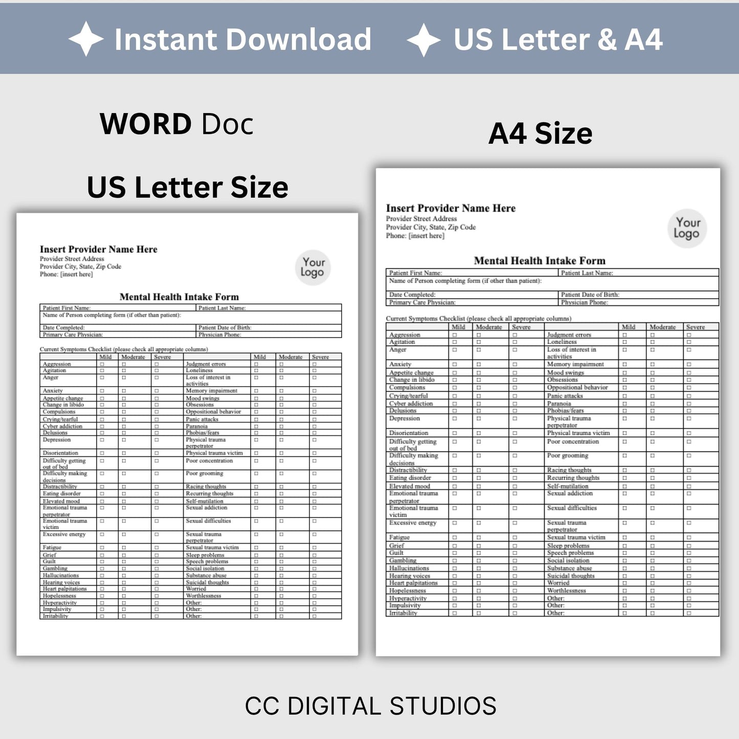 Mental Health Client Intake Form: Therapy Office Template (WORD Doc)