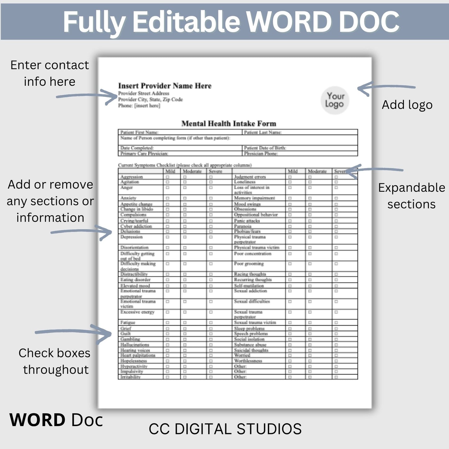Mental Health Client Intake Form: Therapy Office Template (WORD Doc)