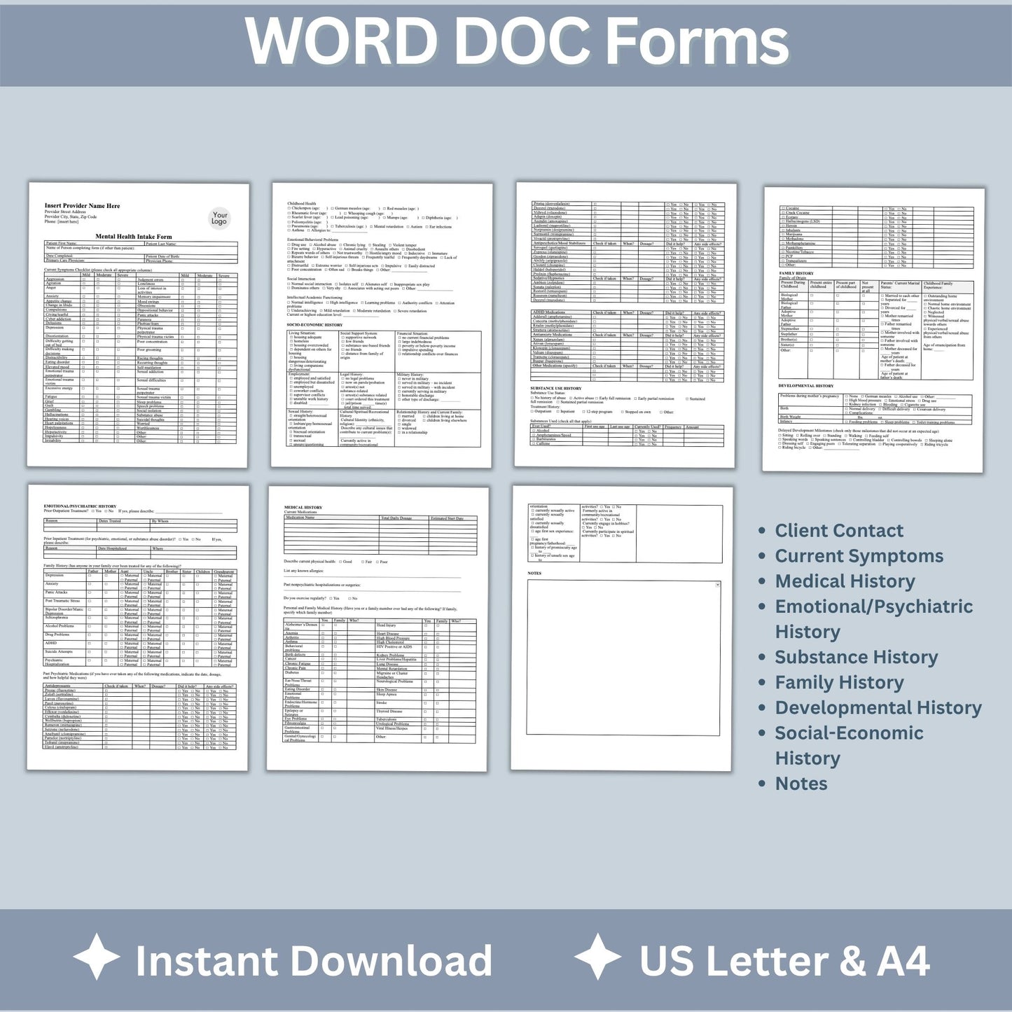 Mental Health Client Intake Form: Therapy Office Template (WORD Doc)