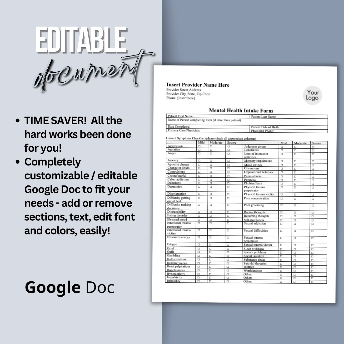 Mental Health Client Intake Form: Therapy Office Template (Google Doc)