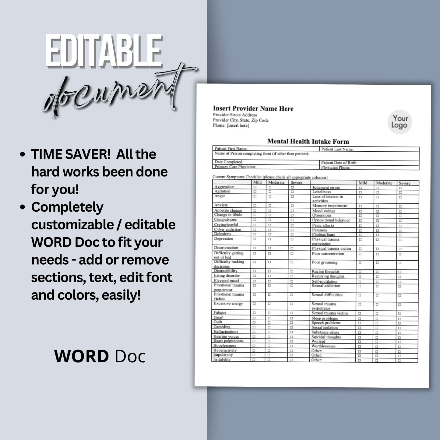Mental Health Client Intake Form: Therapy Office Template (WORD Doc)