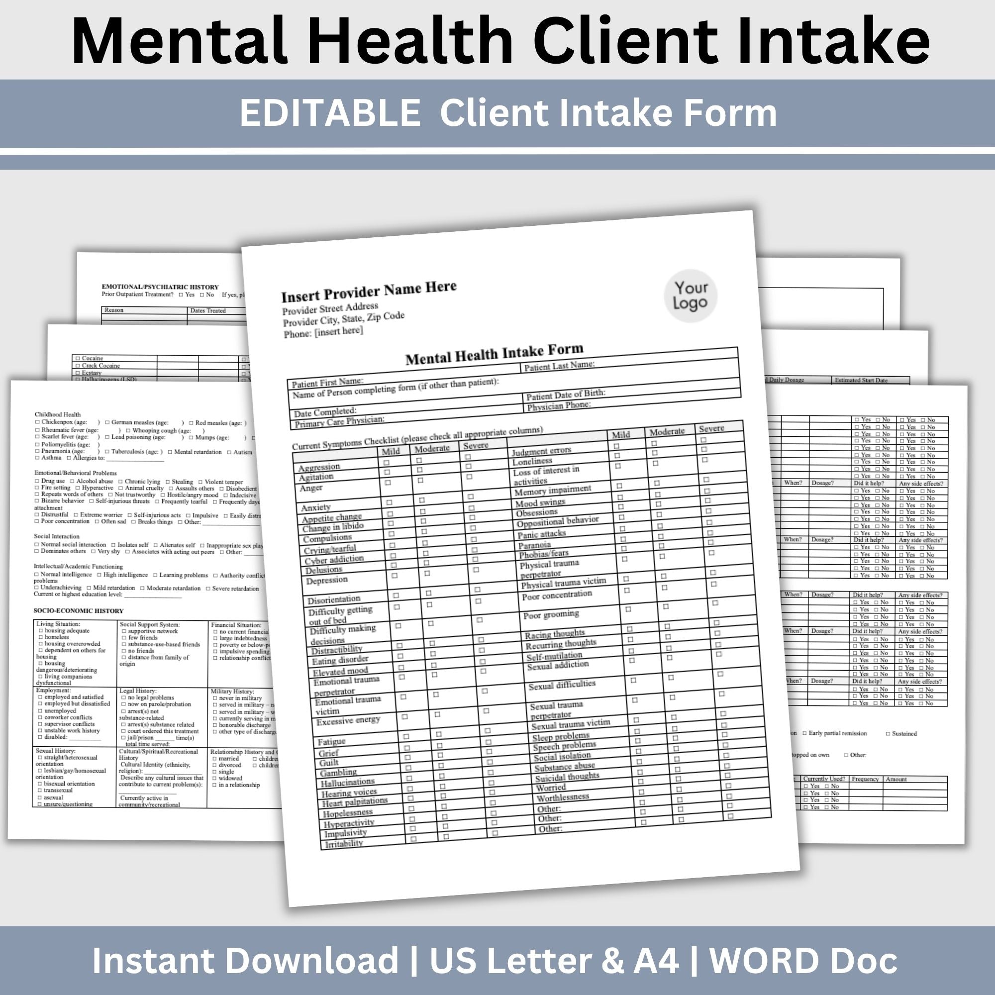 Mental Health Client Intake Form: Therapy Office Template (WORD Doc ...