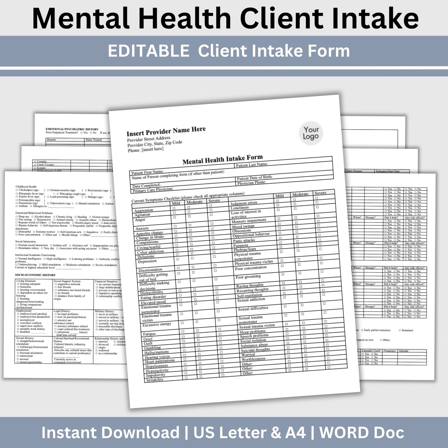 Mental Health Client Intake Form: Therapy Office Template (WORD Doc)