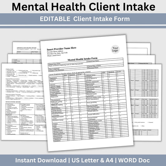 Mental Health Client Intake Form: Therapy Office Template (WORD Doc)