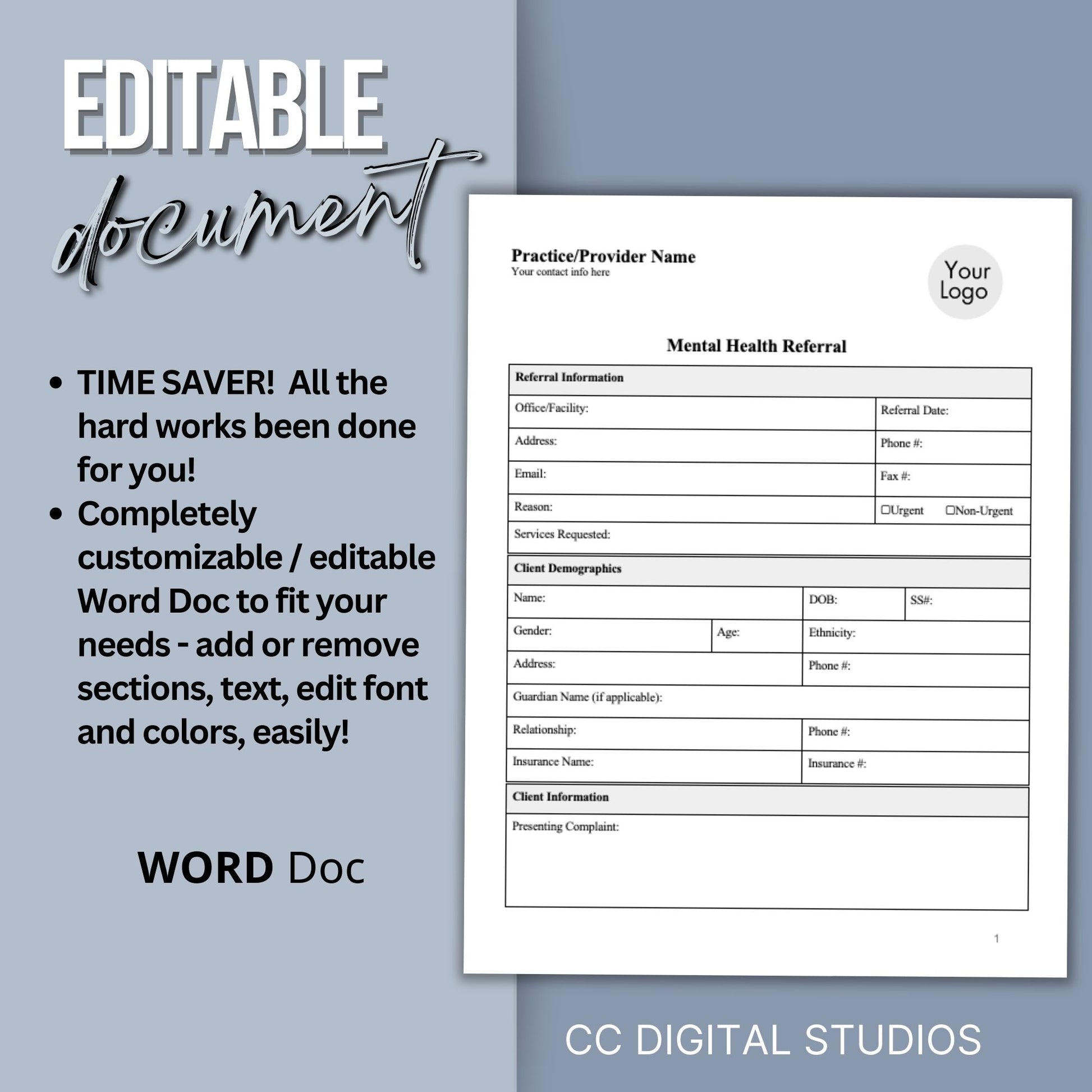 Mental Health Referral Template for Therapist Office, Private Practice Counseling Resources, Patient Referral Template, Client Intake