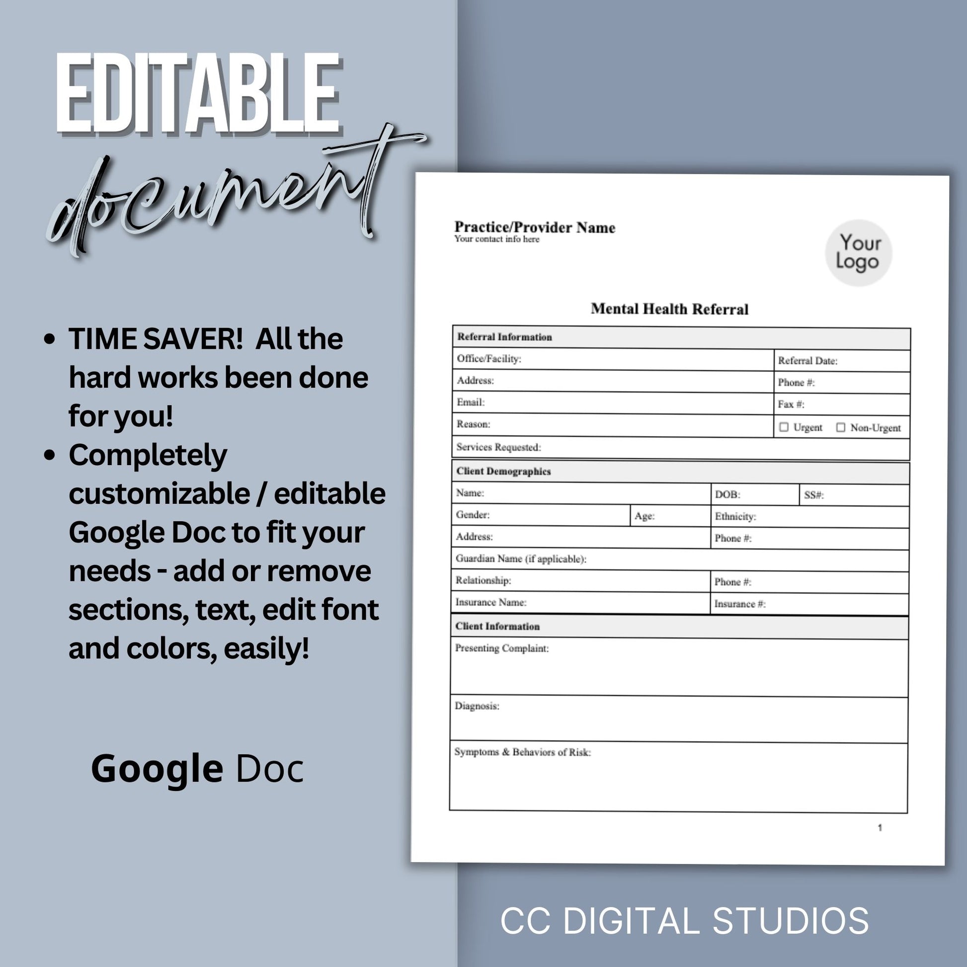 Mental Health Referral Template for Therapist Office, Private Practice Counseling Resources, Patient Referral Template, Client Intake