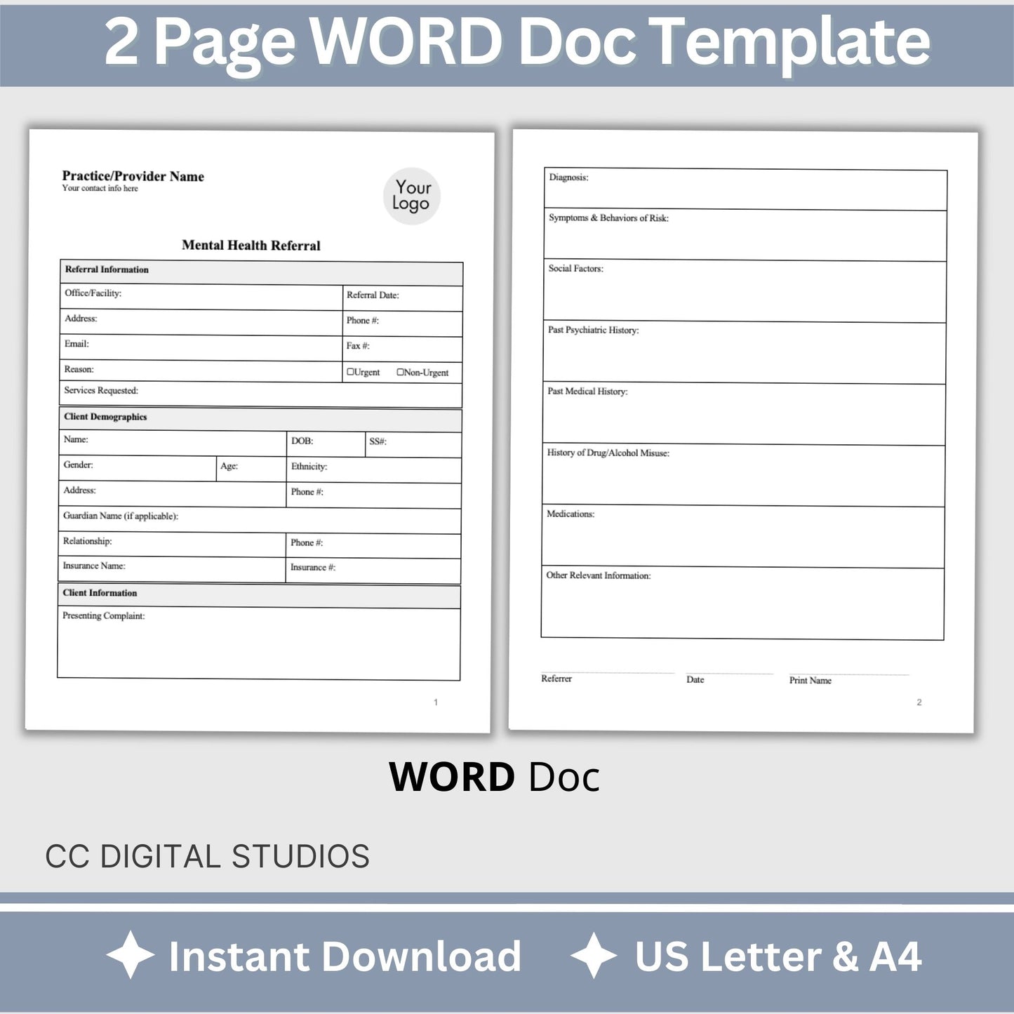 Mental Health Referral Template for Therapist Office, Private Practice Counseling Resources, Patient Referral Template, Client Intake