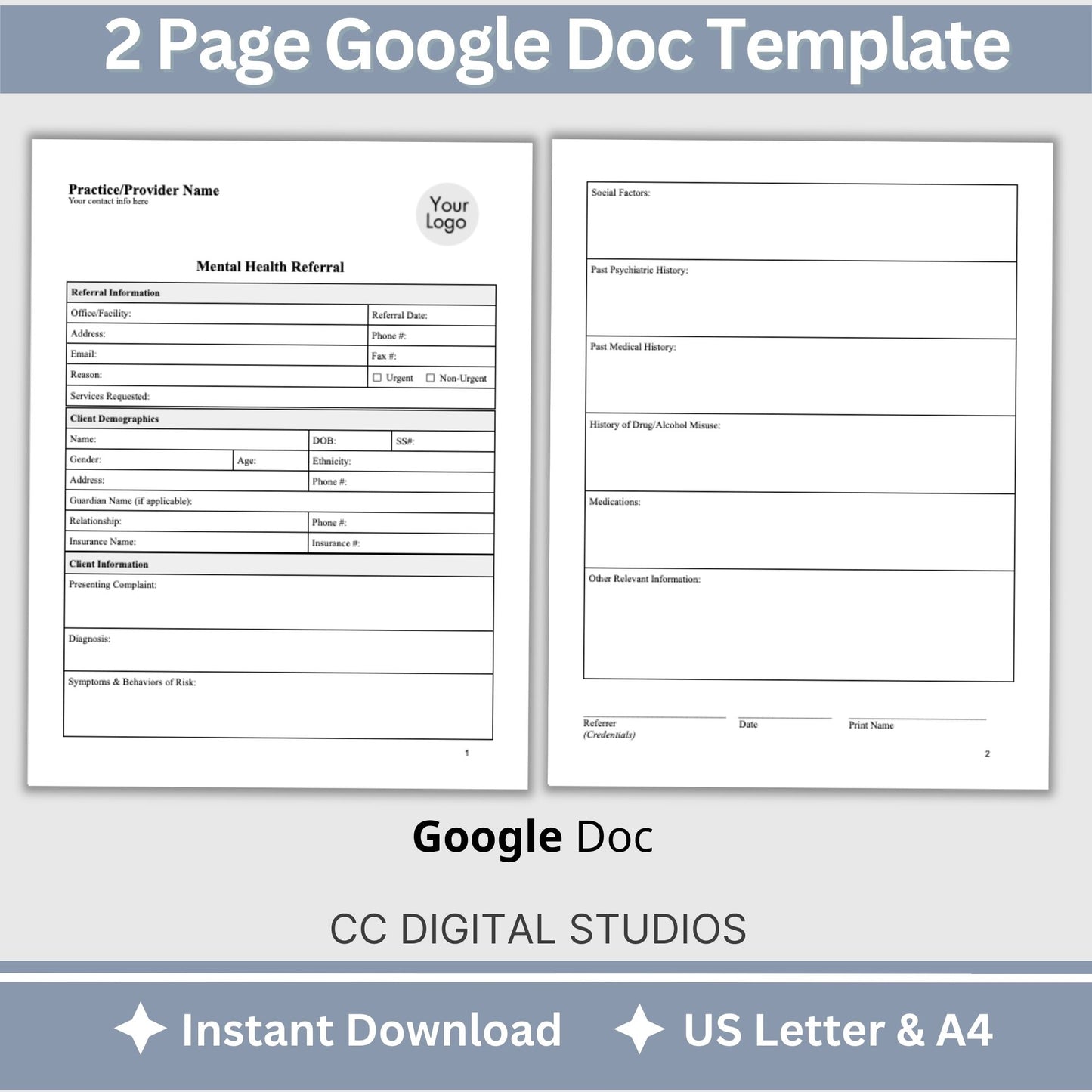 Mental Health Referral Template for Therapist Office, Private Practice Counseling Resources, Patient Referral Template, Client Intake