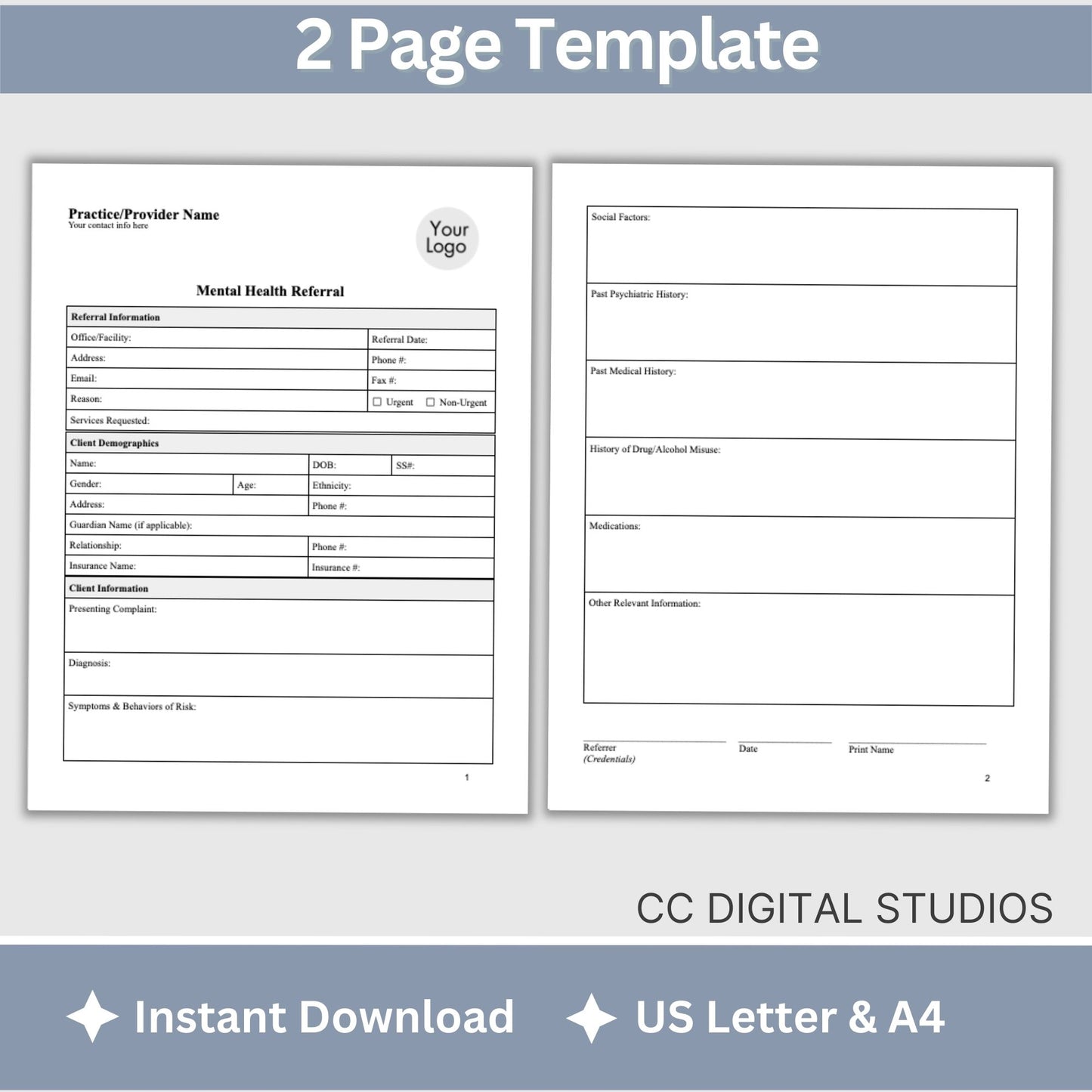 Mental Health Referral Template for Therapist Office, Private Practice Counseling Resources, Patient Referral Template, Client Intake