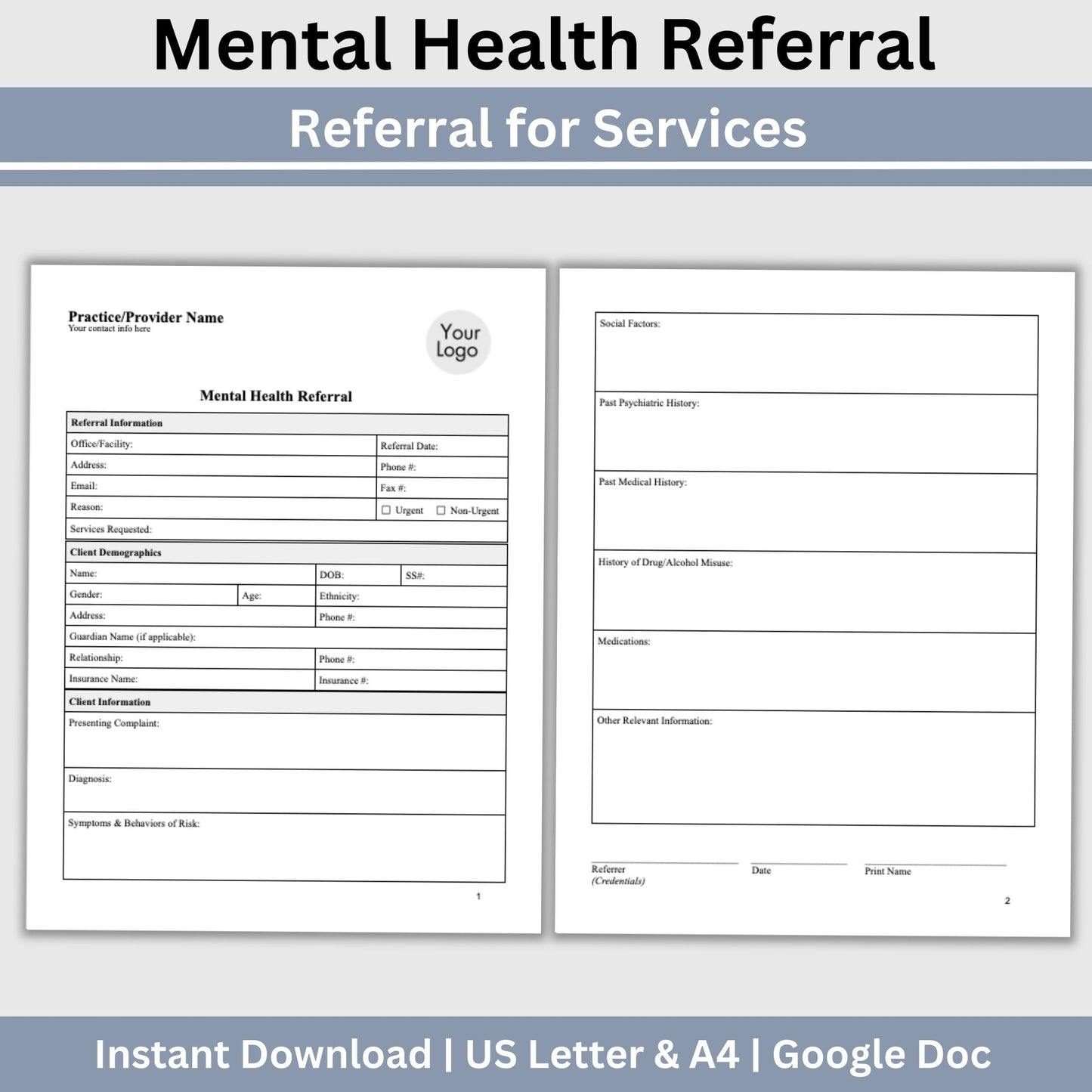 Mental Health Referral Template for Therapist Office, Private Practice Counseling Resources, Patient Referral Template, Client Intake