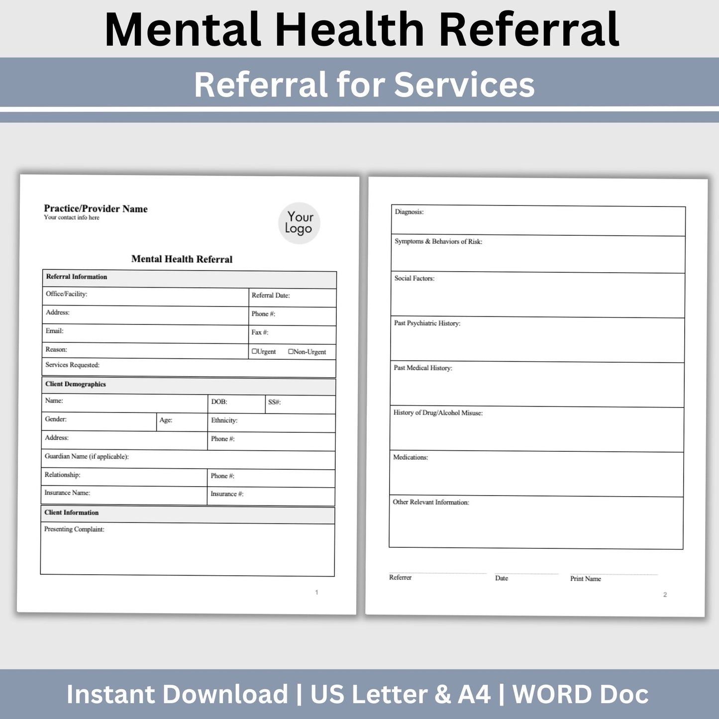 Mental Health Referral Template for Therapist Office, Private Practice Counseling Resources, Patient Referral Template, Client Intake