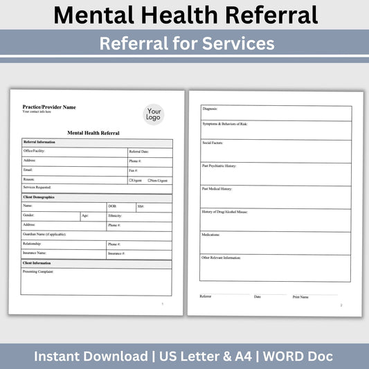 Mental Health Referral Template for Therapist Office, Private Practice Counseling Resources, Patient Referral Template, Client Intake