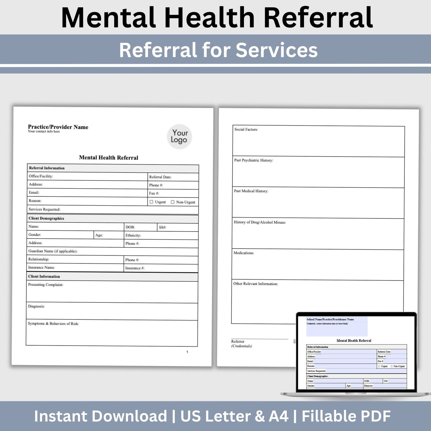 Mental Health Referral Template for Therapist Office, Private Practice Counseling Resources, Patient Referral Template, Client Intake