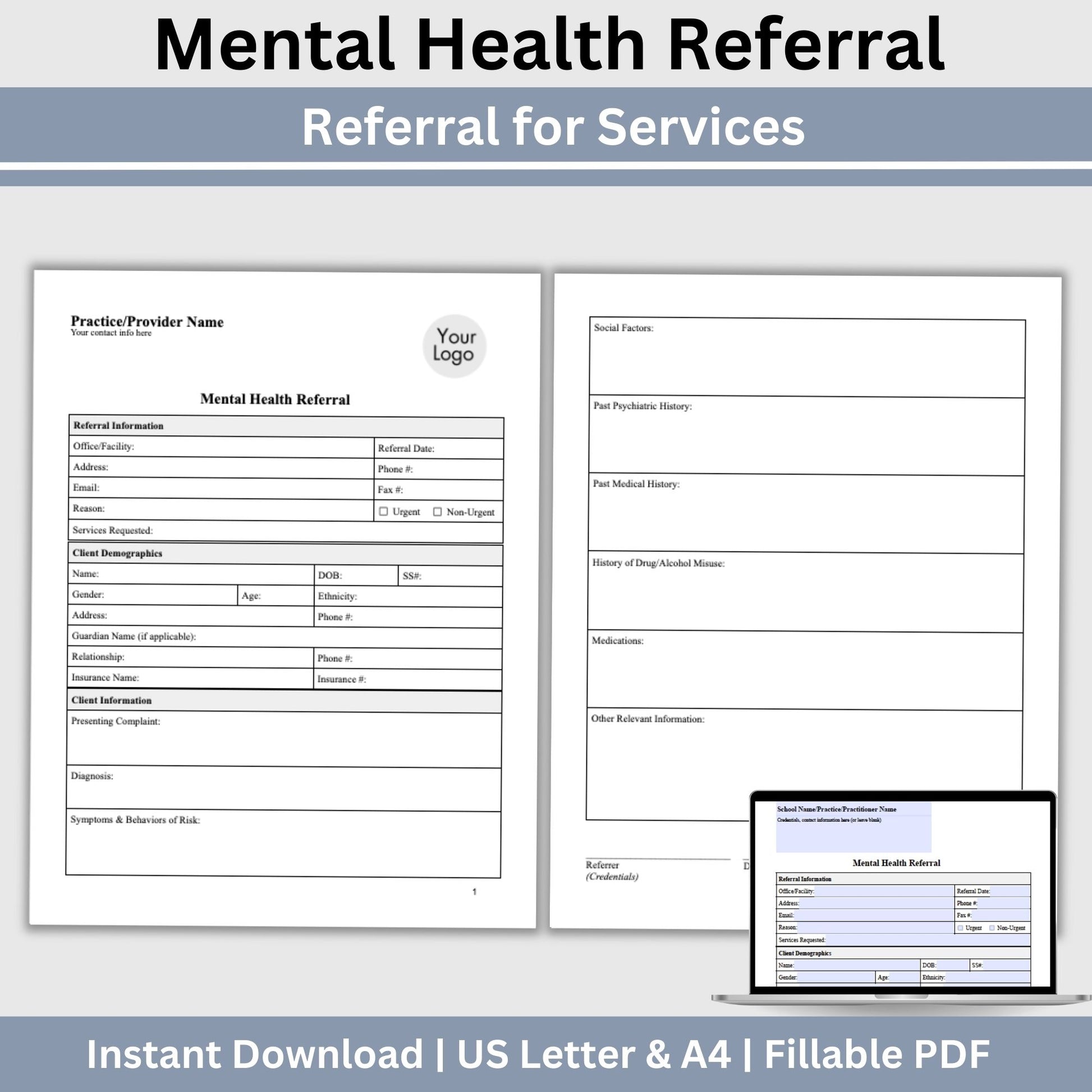 Mental Health Referral Template for Therapist Office, Private Practice Counseling Resources, Patient Referral Template, Client Intake