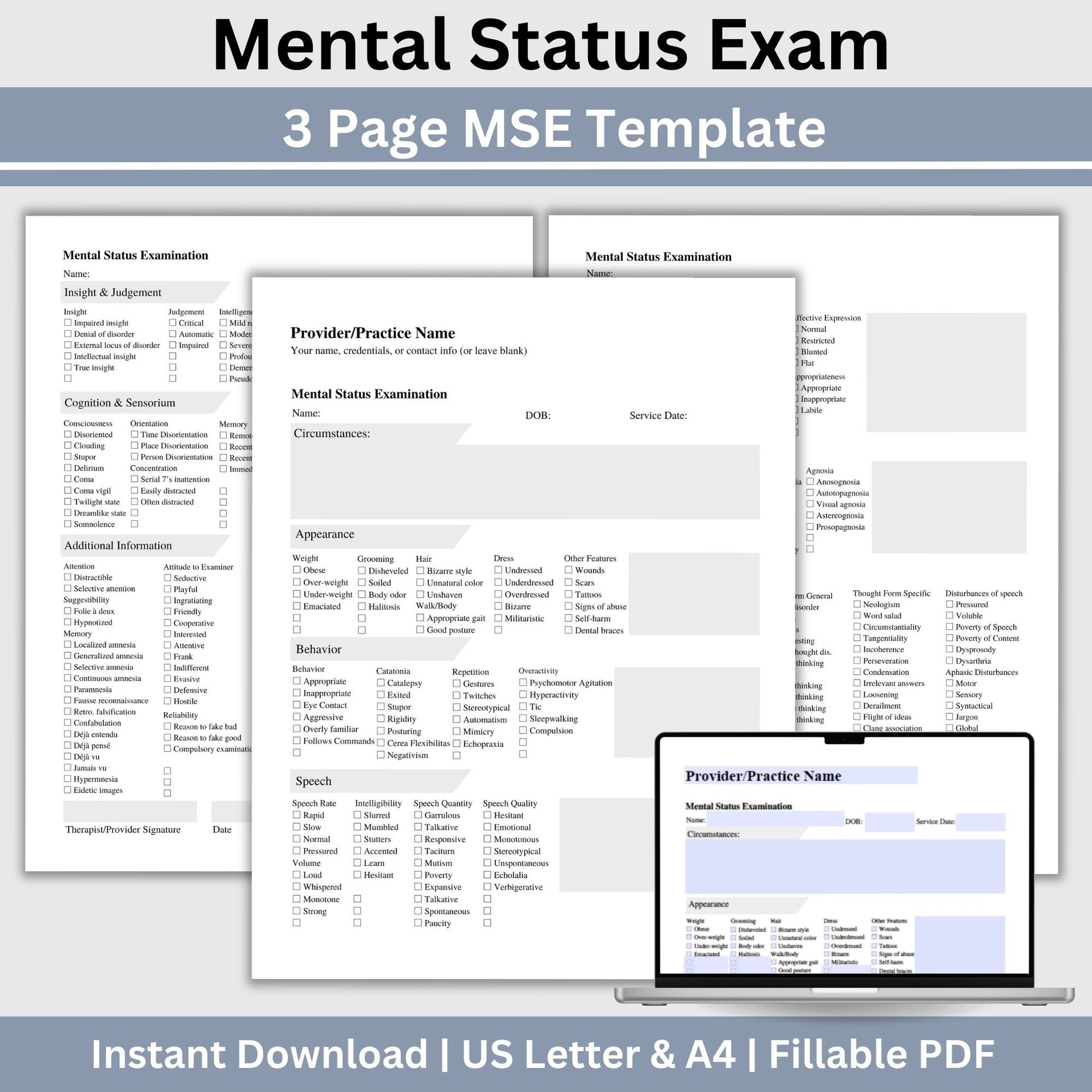 Mental Status Exam therapy notes fillable PDF template. Effortlessly streamline client onboarding with the therapy template. Tailored for therapists, school psychologist and counselors