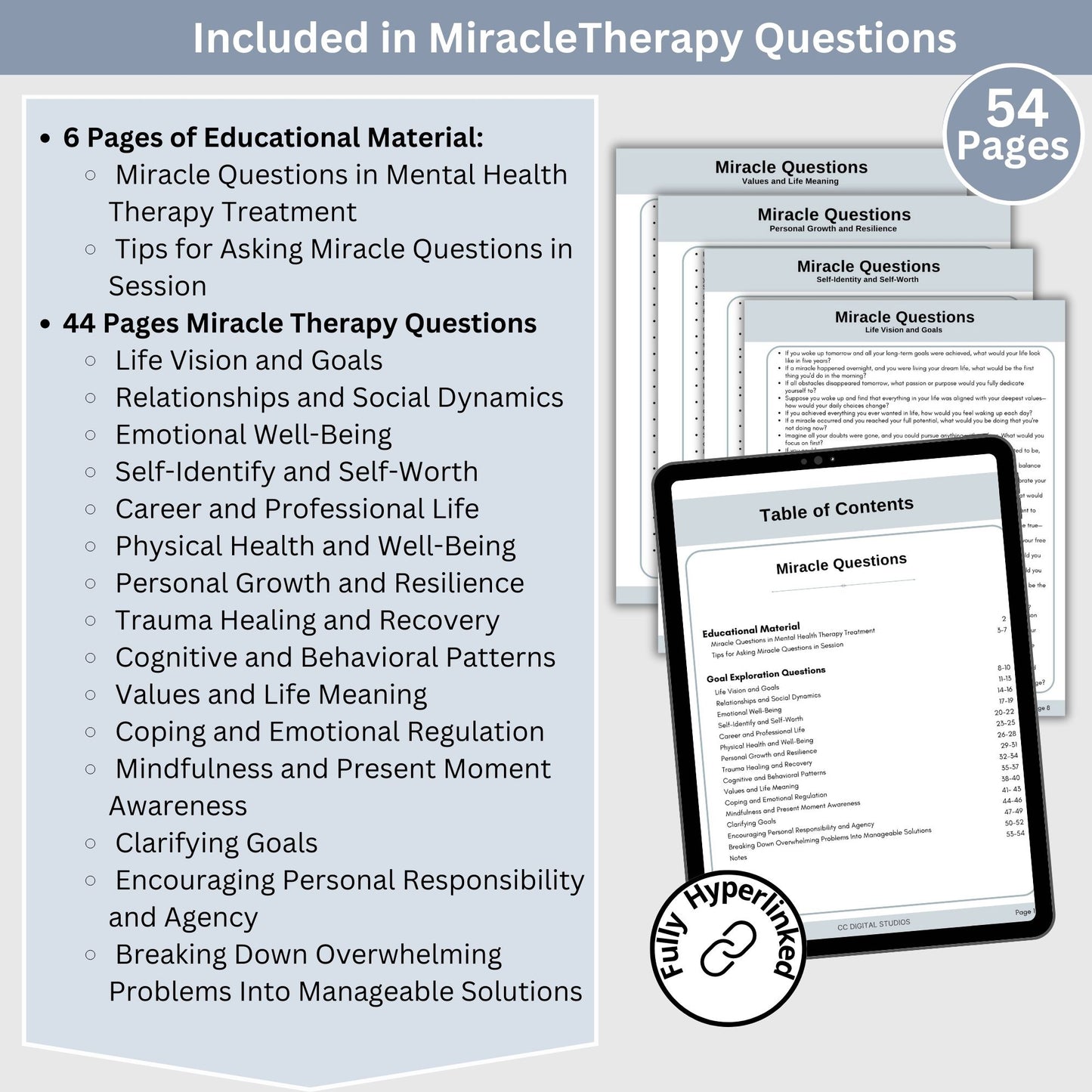 Unlock transformative therapy sessions with this Miracle Questions Therapy Cheat Sheet, designed to help therapists guide clients toward clarity and actionable solutions. This essential tool is packed with effective counseling resources and therapy tools that support client progress by breaking down overwhelming problems into manageable steps. Perfect for therapists looking to enhance their practice with structured and thought-provoking prompts.