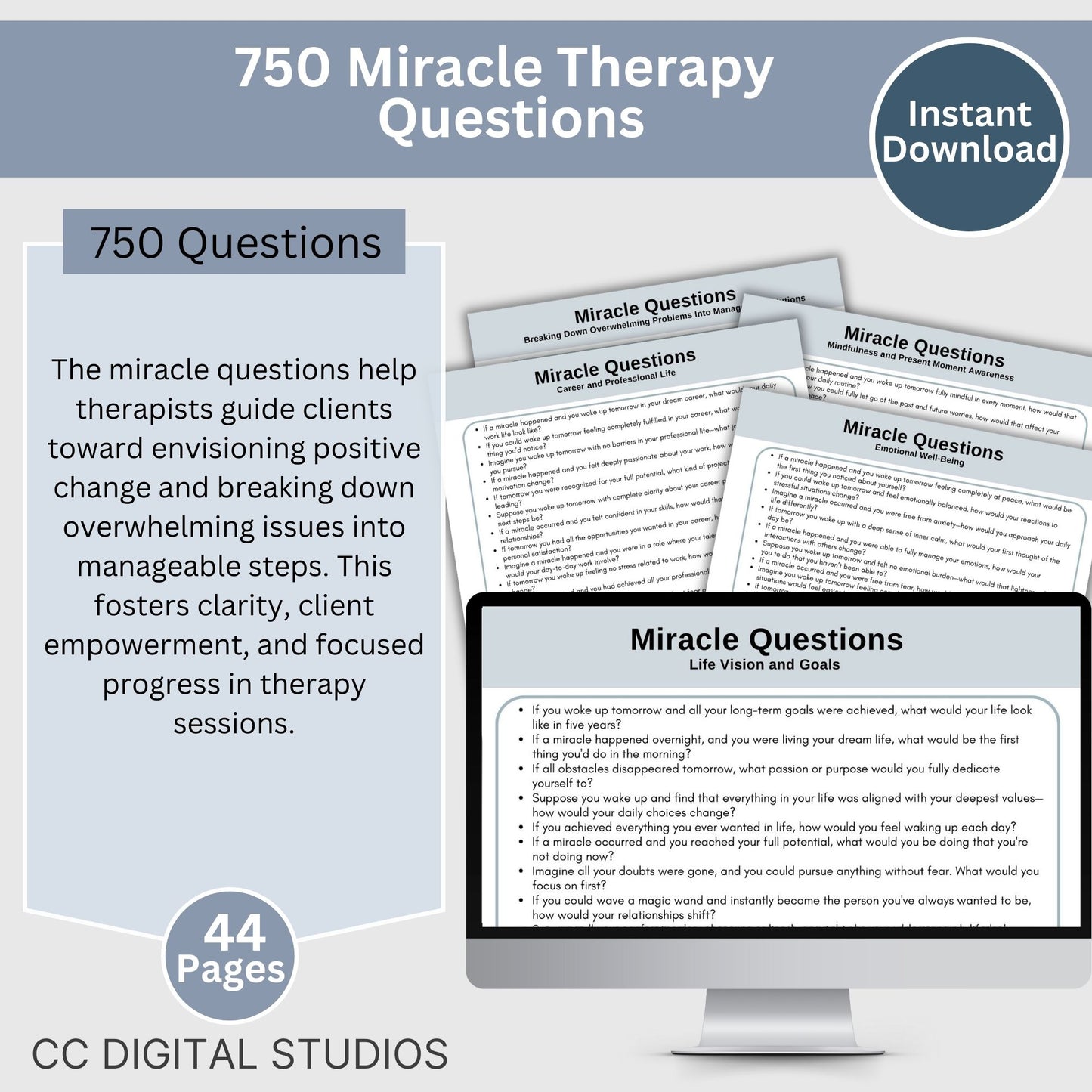 Unlock transformative therapy sessions with this Miracle Questions Therapy Cheat Sheet, designed to help therapists guide clients toward clarity and actionable solutions. This essential tool is packed with effective counseling resources and therapy tools that support client progress by breaking down overwhelming problems into manageable steps. Perfect for therapists looking to enhance their practice with structured and thought-provoking prompts.