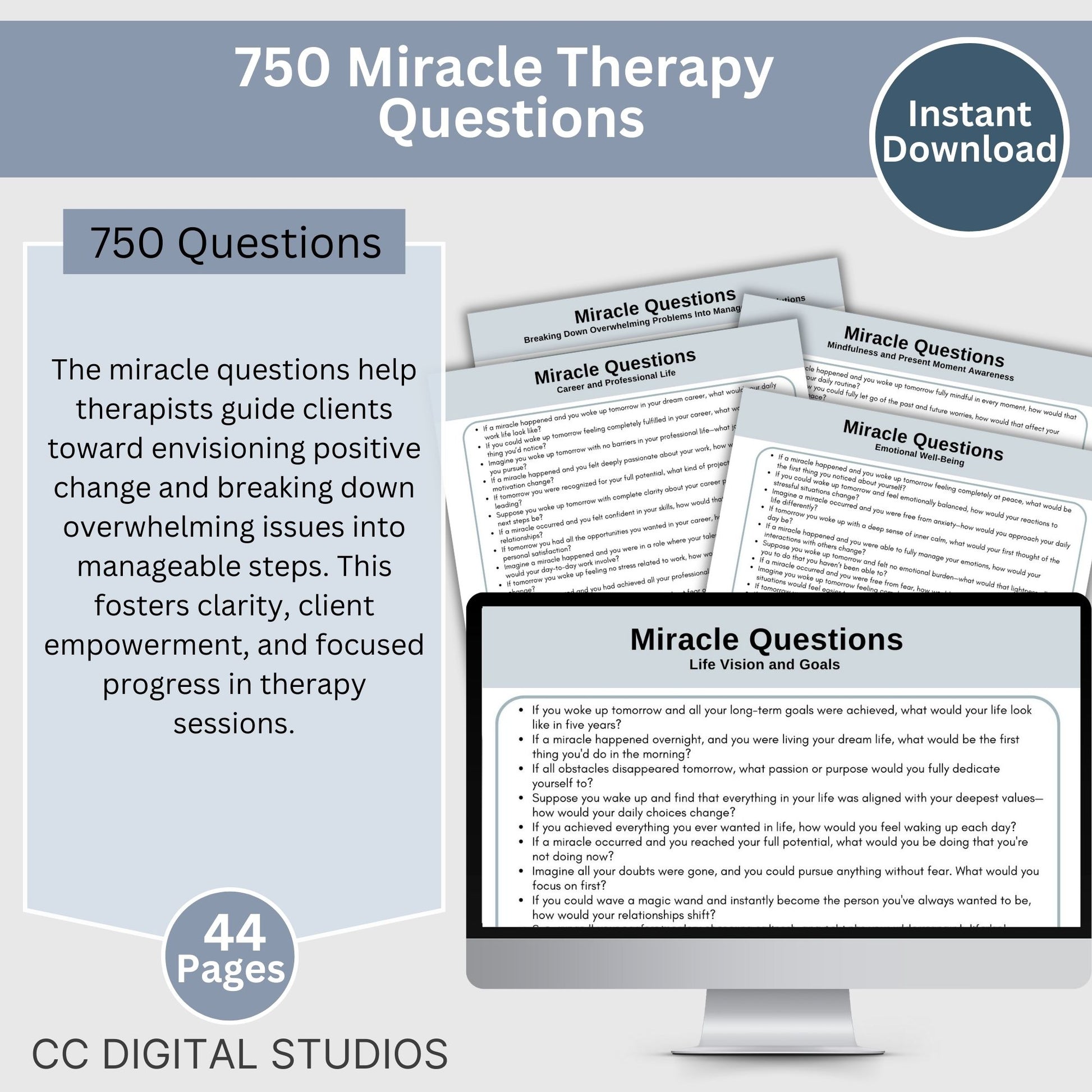 Unlock transformative therapy sessions with this Miracle Questions Therapy Cheat Sheet, designed to help therapists guide clients toward clarity and actionable solutions. This essential tool is packed with effective counseling resources and therapy tools that support client progress by breaking down overwhelming problems into manageable steps. Perfect for therapists looking to enhance their practice with structured and thought-provoking prompts.