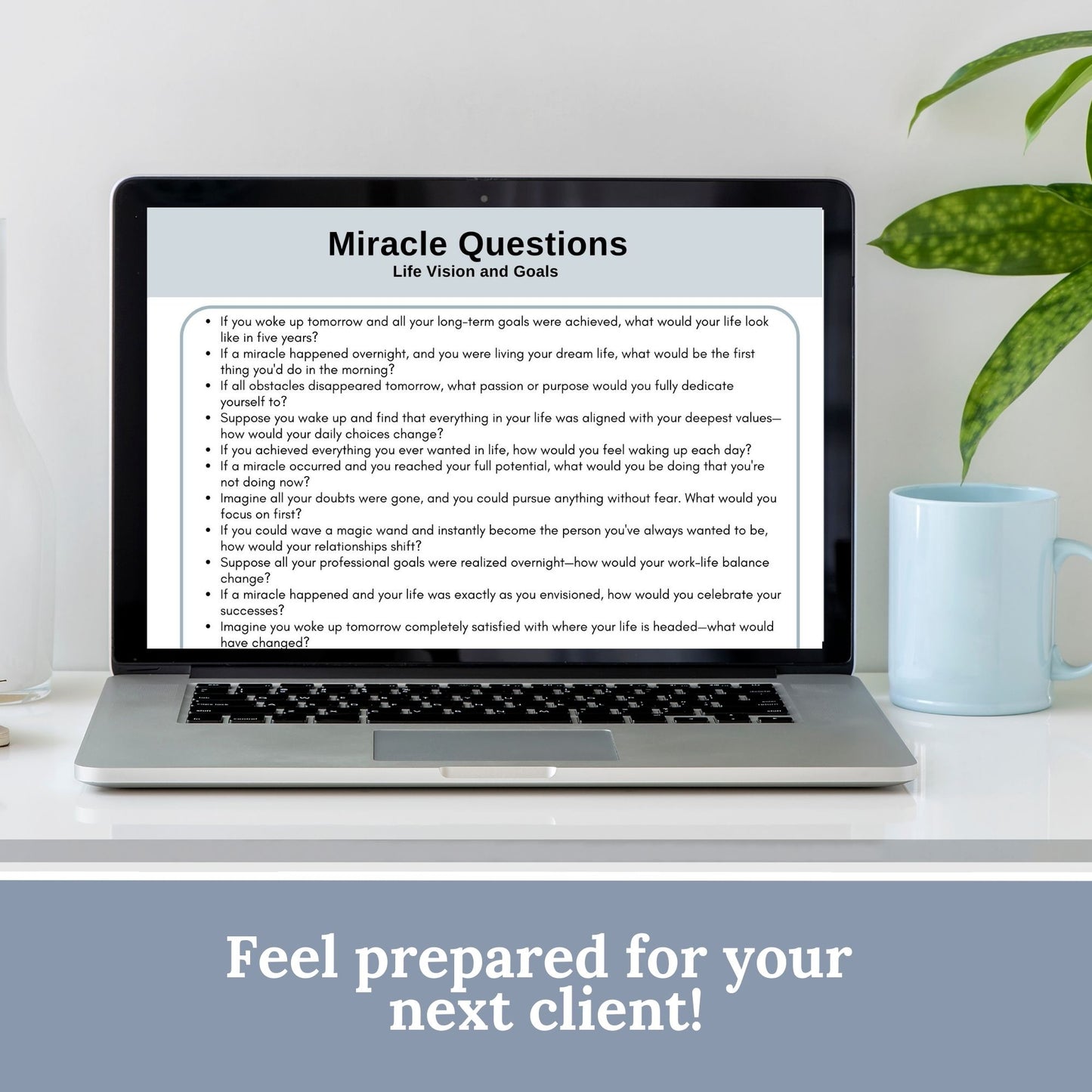 Unlock transformative therapy sessions with this Miracle Questions Therapy Cheat Sheet, designed to help therapists guide clients toward clarity and actionable solutions. This essential tool is packed with effective counseling resources and therapy tools that support client progress by breaking down overwhelming problems into manageable steps. Perfect for therapists looking to enhance their practice with structured and thought-provoking prompts.