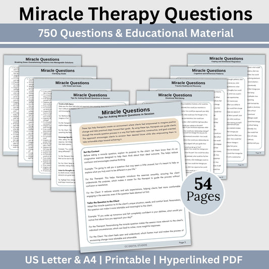 Unlock transformative therapy sessions with this Miracle Questions Therapy Cheat Sheet, designed to help therapists guide clients toward clarity and actionable solutions. This essential tool is packed with effective counseling resources and therapy tools that support client progress by breaking down overwhelming problems into manageable steps. Perfect for therapists looking to enhance their practice with structured and thought-provoking prompts.