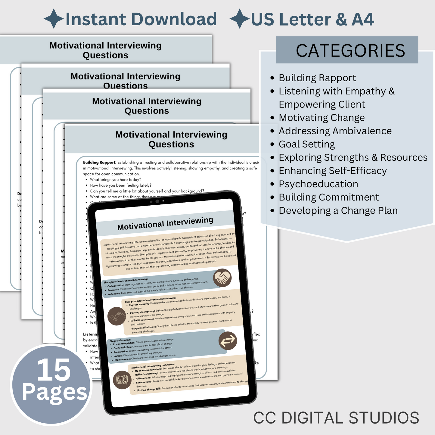 12 pages of therapy questions; 2 page cheat sheet for motivational interviewing.  Unlock the power of motivational interviewing with this package designed specifically for therapists and mental health professionals.