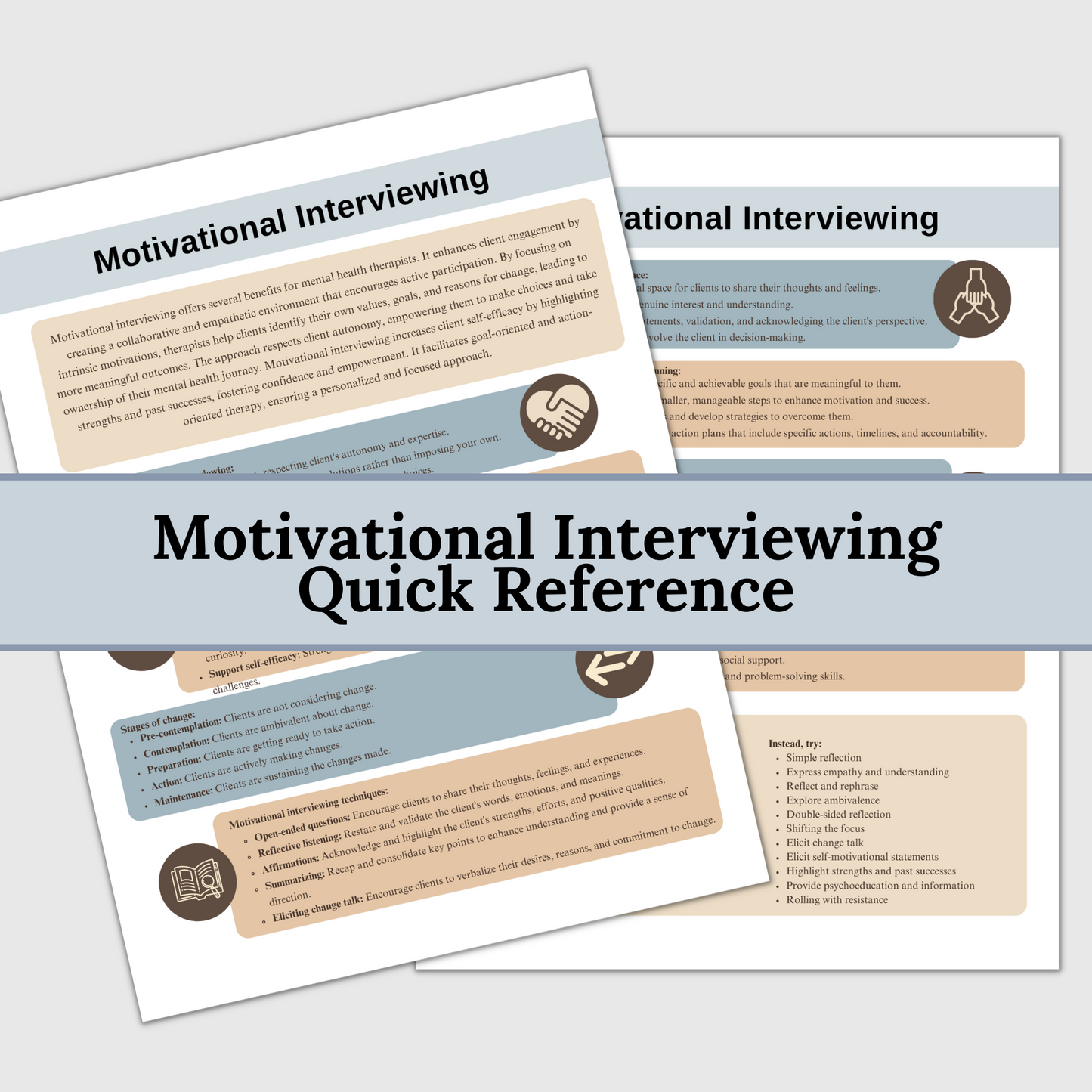 12 pages of therapy questions; 2 page cheat sheet for motivational interviewing.  Unlock the power of motivational interviewing with this package designed specifically for therapists and mental health professionals.