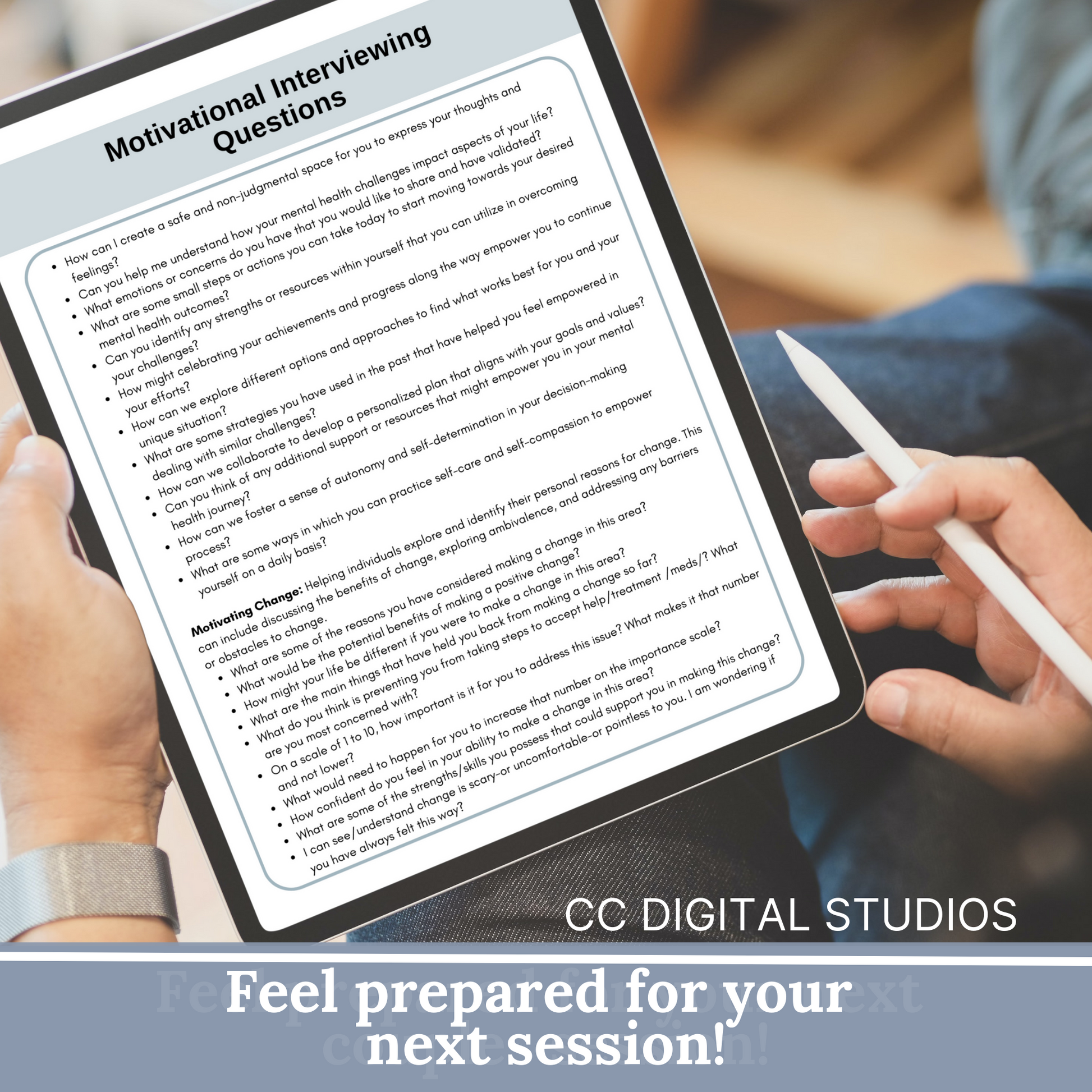 12 pages of therapy questions; 2 page cheat sheet for motivational interviewing.  Unlock the power of motivational interviewing with this package designed specifically for therapists and mental health professionals.