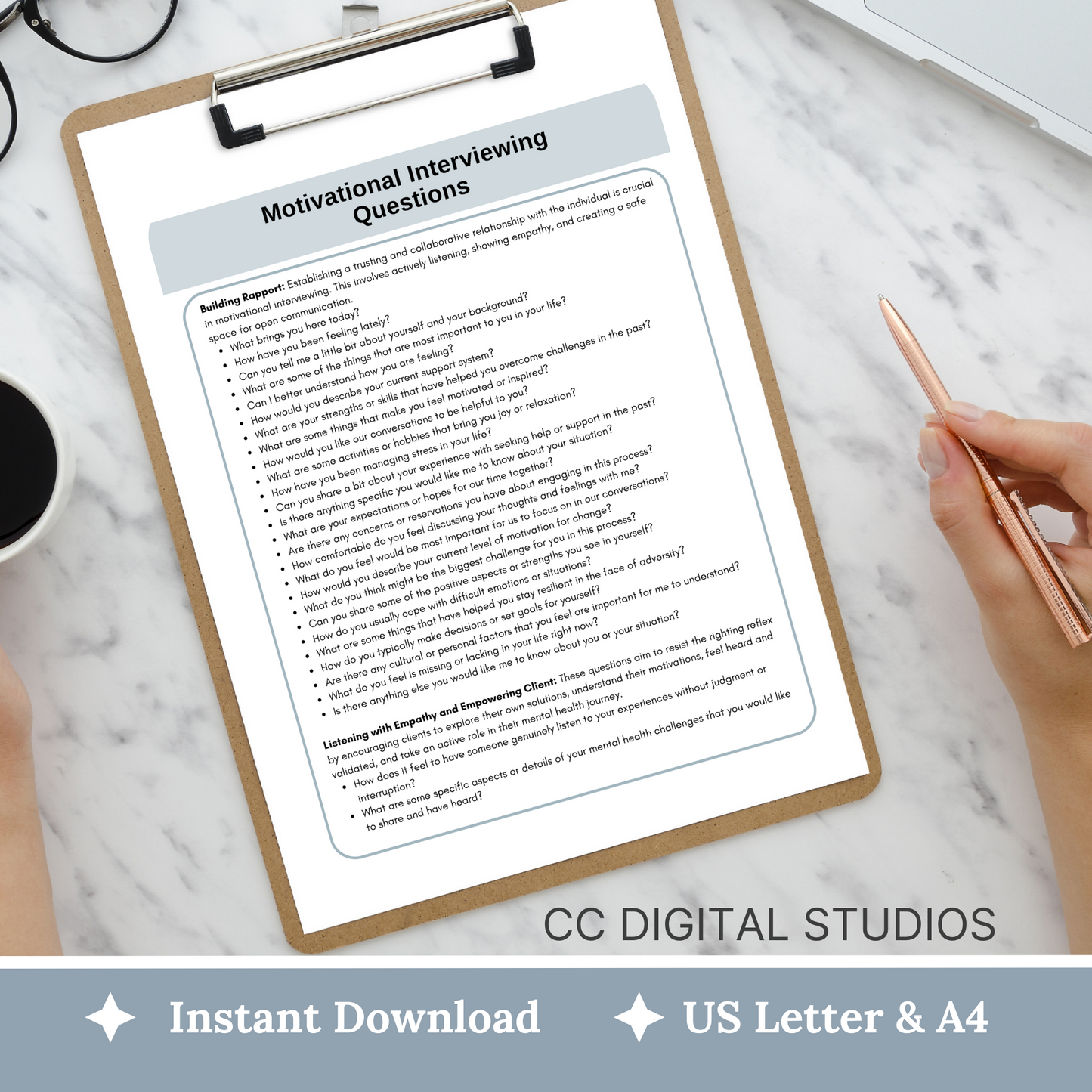 12 pages of therapy questions; 2 page cheat sheet for motivational interviewing.  Unlock the power of motivational interviewing with this package designed specifically for therapists and mental health professionals.