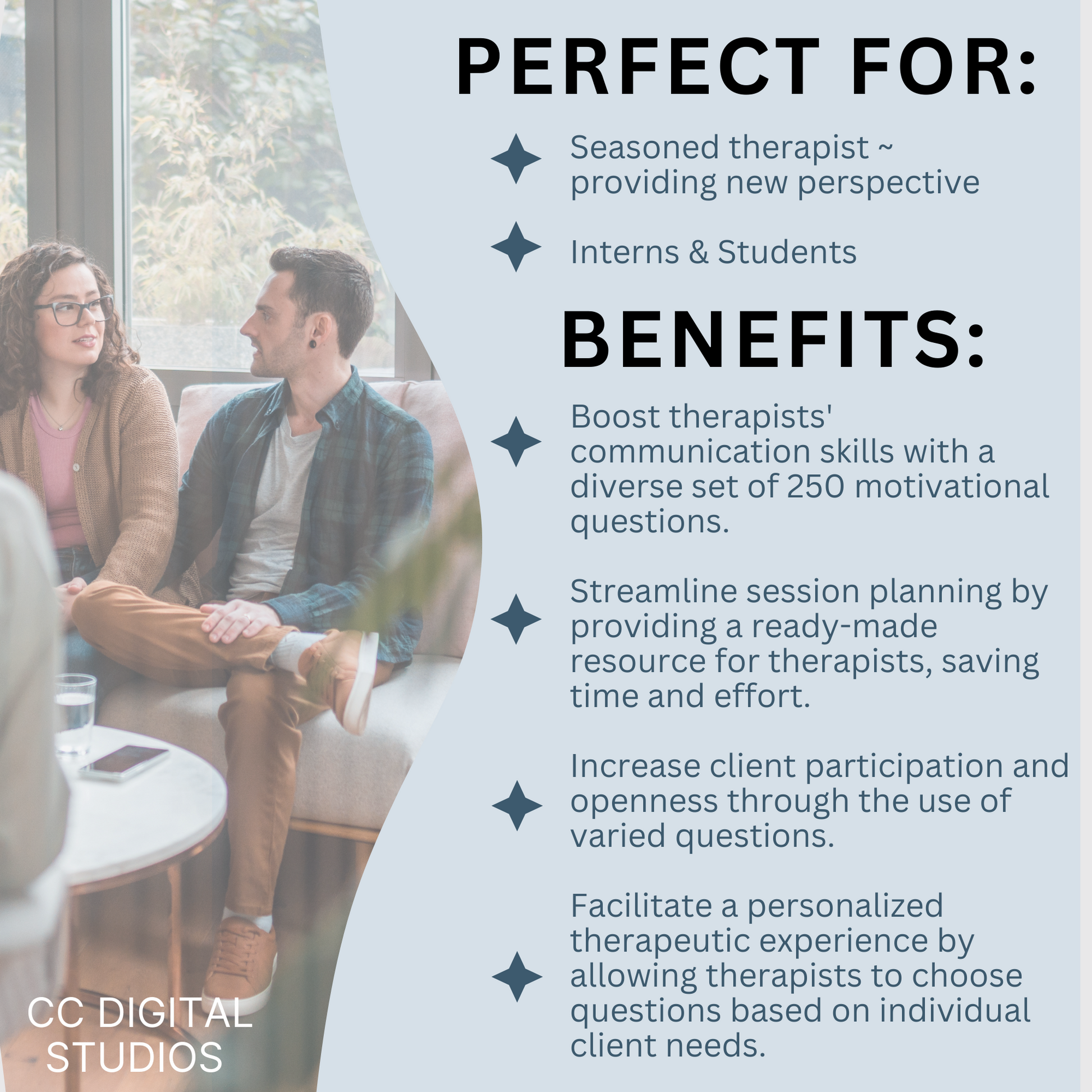 12 pages of therapy questions; 2 page cheat sheet for motivational interviewing.  Unlock the power of motivational interviewing with this package designed specifically for therapists and mental health professionals.