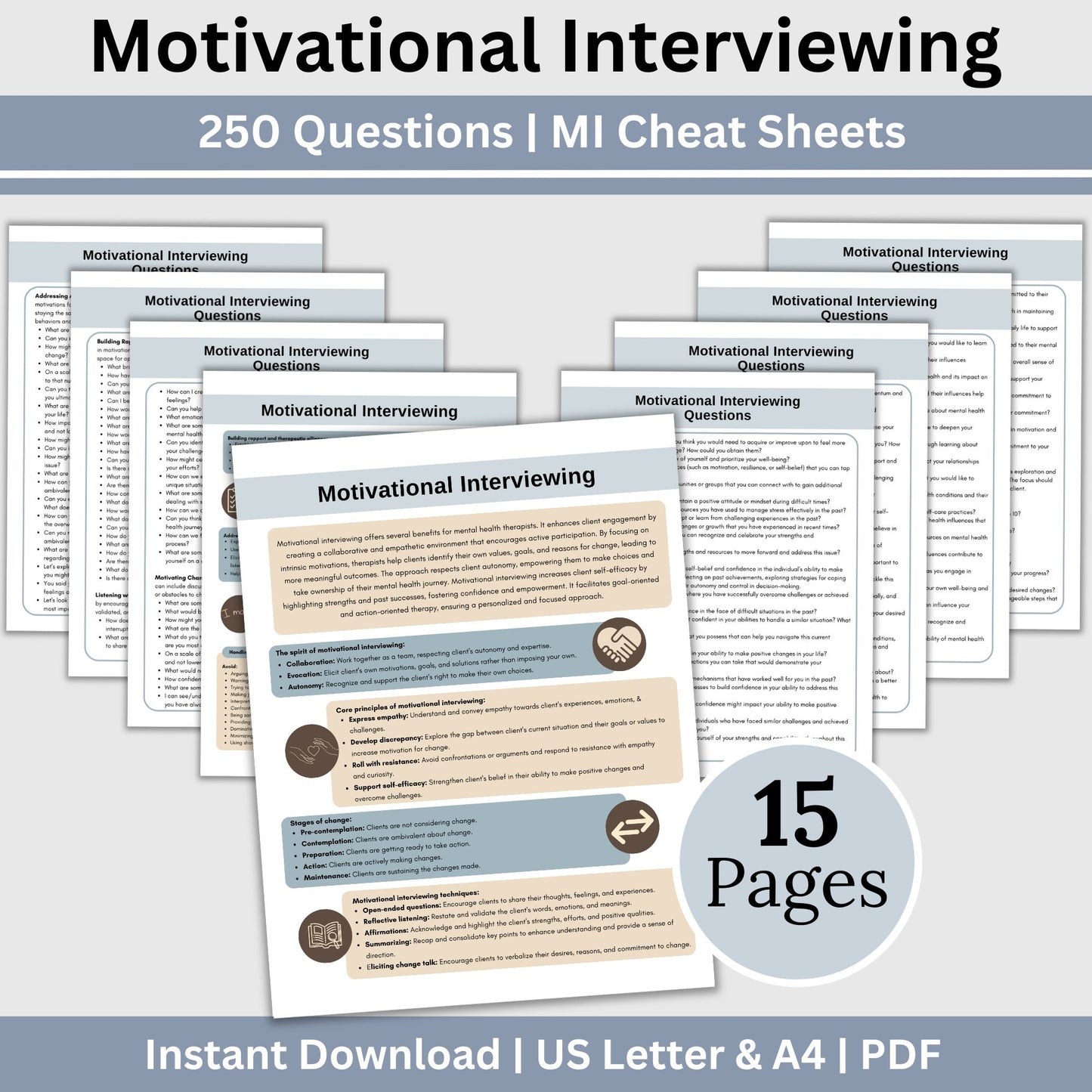 12 pages of therapy questions; 2 page cheat sheet for motivational interviewing. Unlock the power of motivational interviewing with this package designed specifically for therapists and mental health professionals.