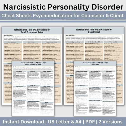 This 2-in-1 Narcissistic Personality Disorder Cheat Sheet is designed for both therapists and clients! It includes a therapist's quick reference guide and a client-friendly psychoeducational sheet, making it a valuable Narcissistic Personality Disorder  therapy tool.